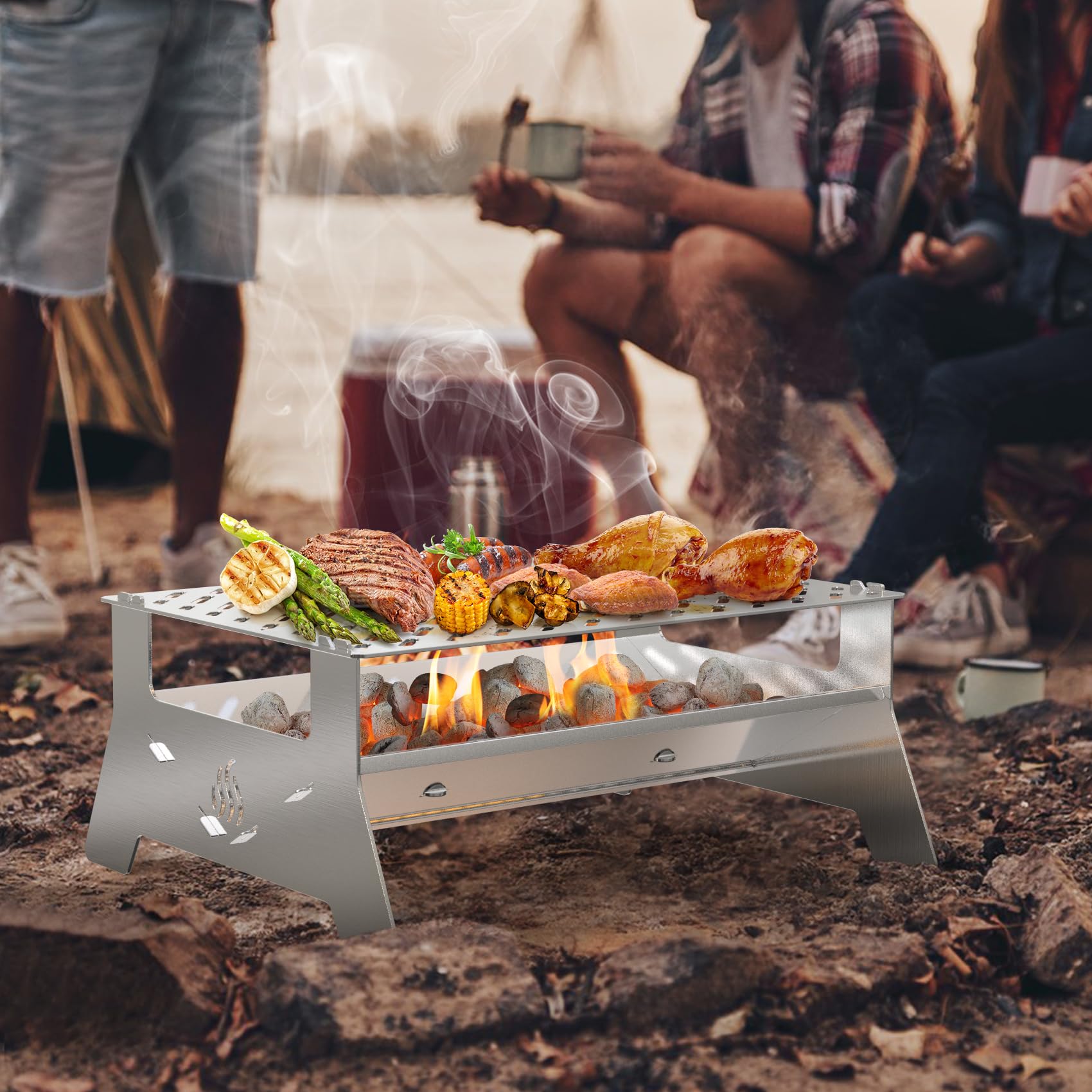 Onlyfire Barbecue à charbon portable en acier inoxydable très résistant | Barbecue pliable, sac de transport et pince de barbecue, pour terrasse, jardin, camping, pique-nique et randonnée