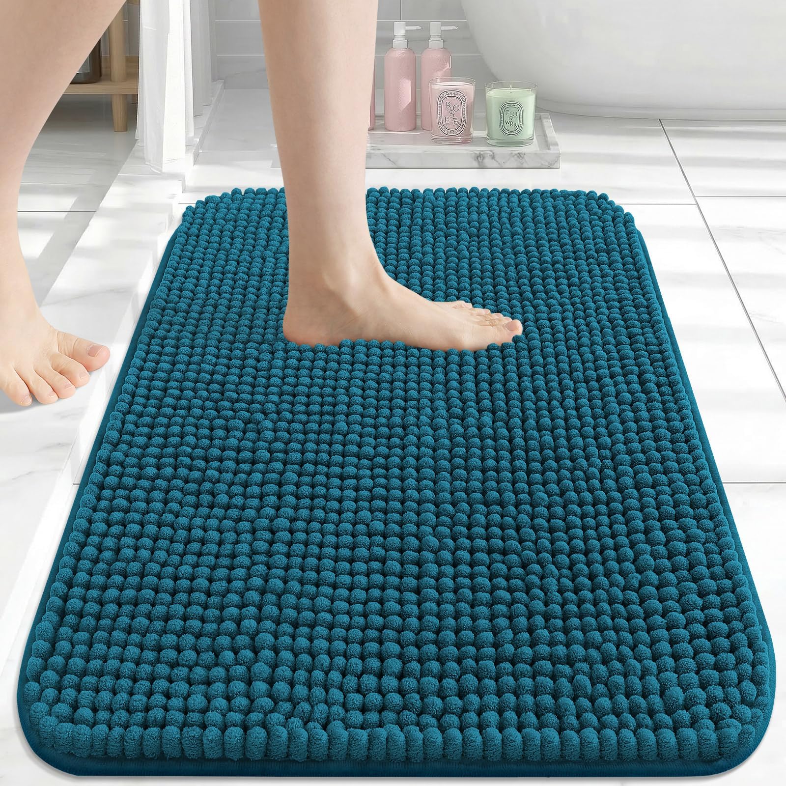 Homaxy Thick Soft Fluffy Bath Mat, Chenille Absorbent Bathroom Mat, Non Slip Bath Mats for Bathroom, Machine Washable Quick Drying Bath Rug, 51×76 cm, Peacock Blue