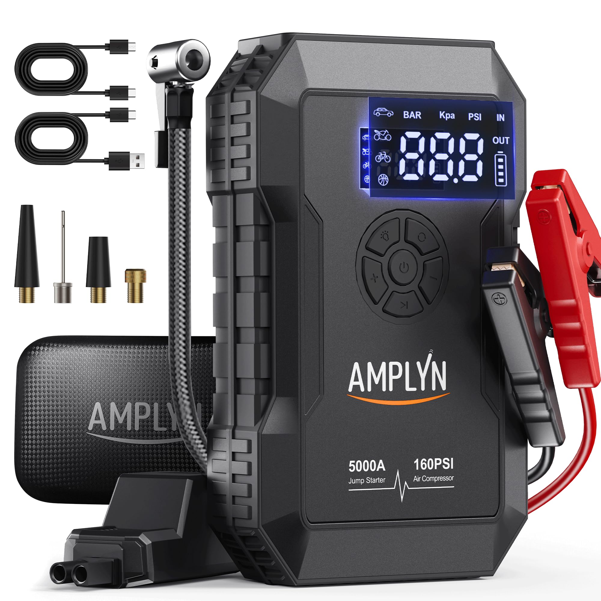 Car Battery Jump Starter with Air Compressor 160PSI,5000A 60W Portable Jump Starter Battery Pack (All Gas/10L Diesel),12V Starter Jump Box with Jumper Cables,Type C Fast Charging,3 Mode Light