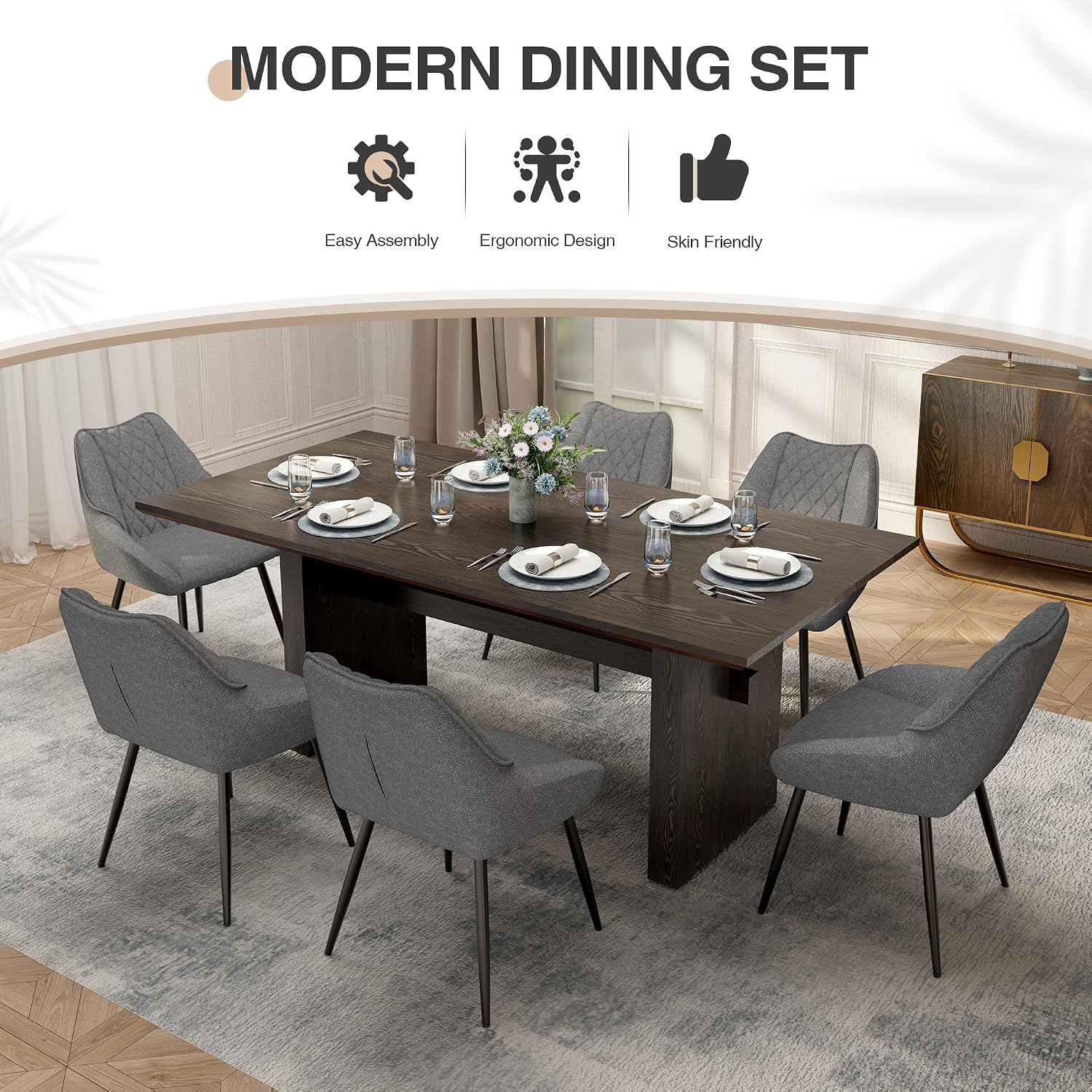 Clihome Dining Table Set for 6, 7-Piece Dining Room Table Set with 6 Upholstered Chairs, 70'' Large Wooden Kitchen Table, Fabric Chairs with Metal Legs, Grey