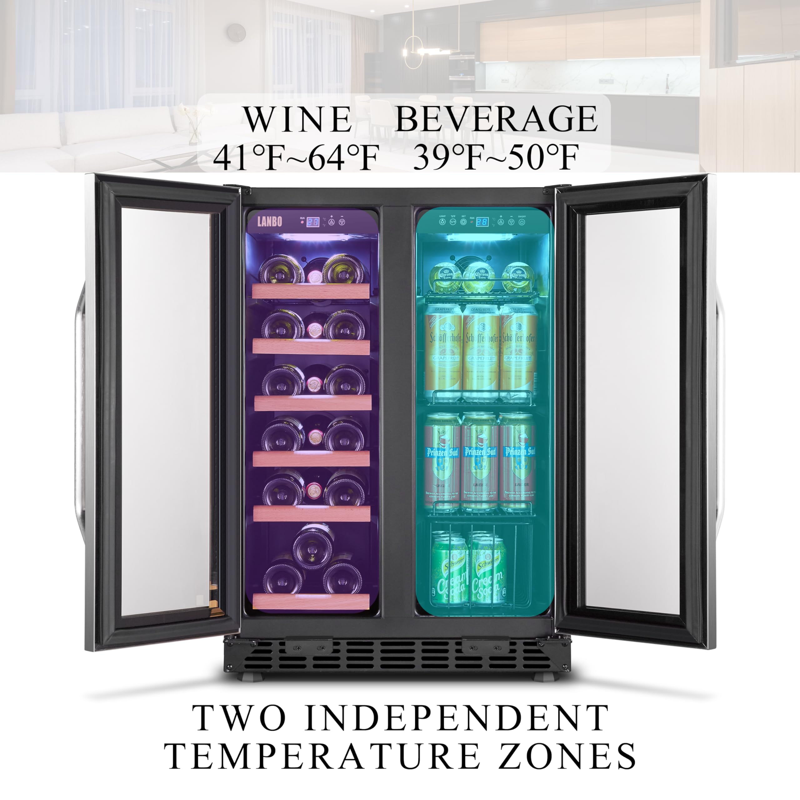 LANBO 24 Inch Built-In/Freestanding Wine And Beverage Refrigerator, 18 Bottle And 55 Can on Fridge.com - View 4