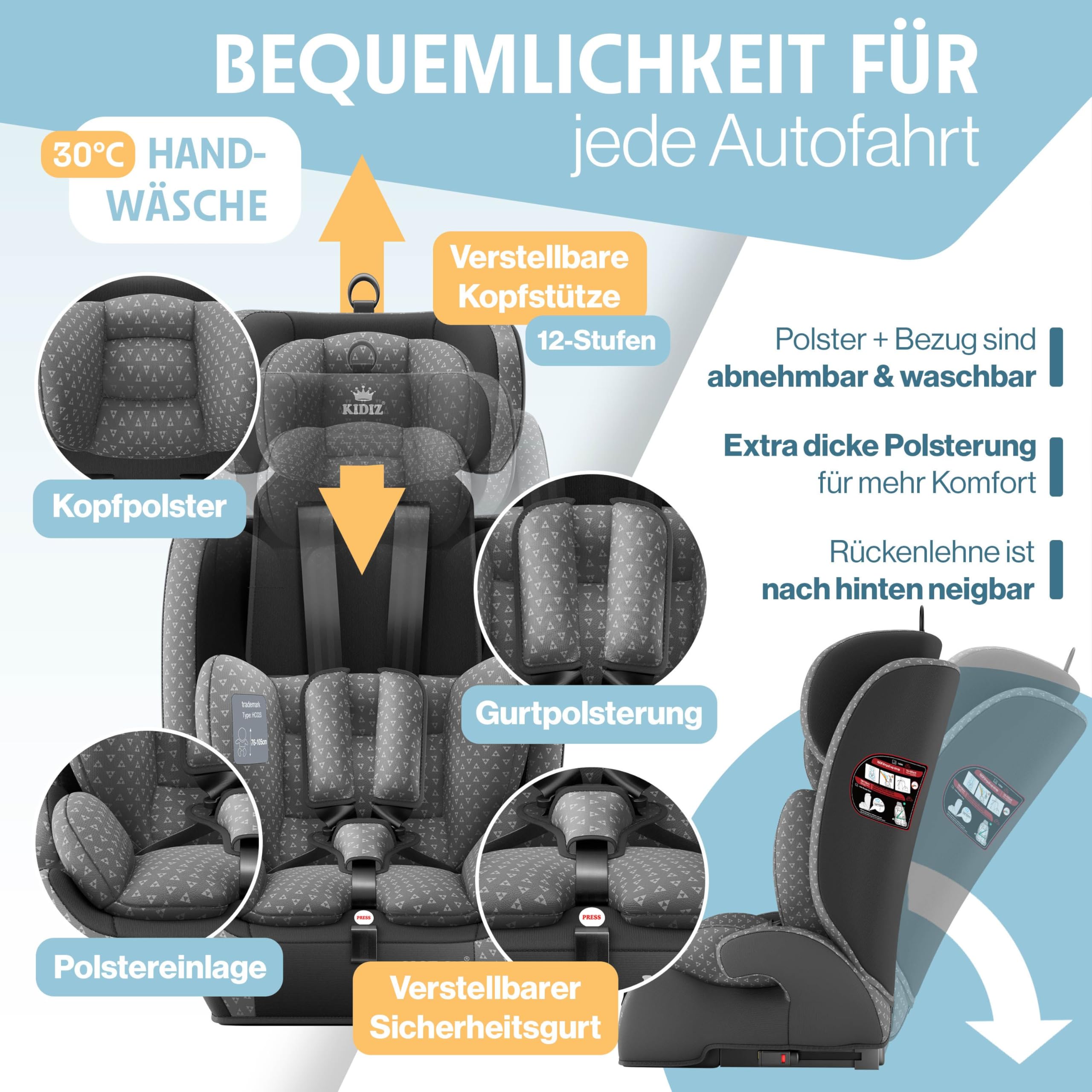 KIDIZ Autokindersitz mit Isofix i-Size R129 100-150cm Gruppe 1/2/3 5-Punkt-Gurt höhenverstellbare Kopfstütze Grau