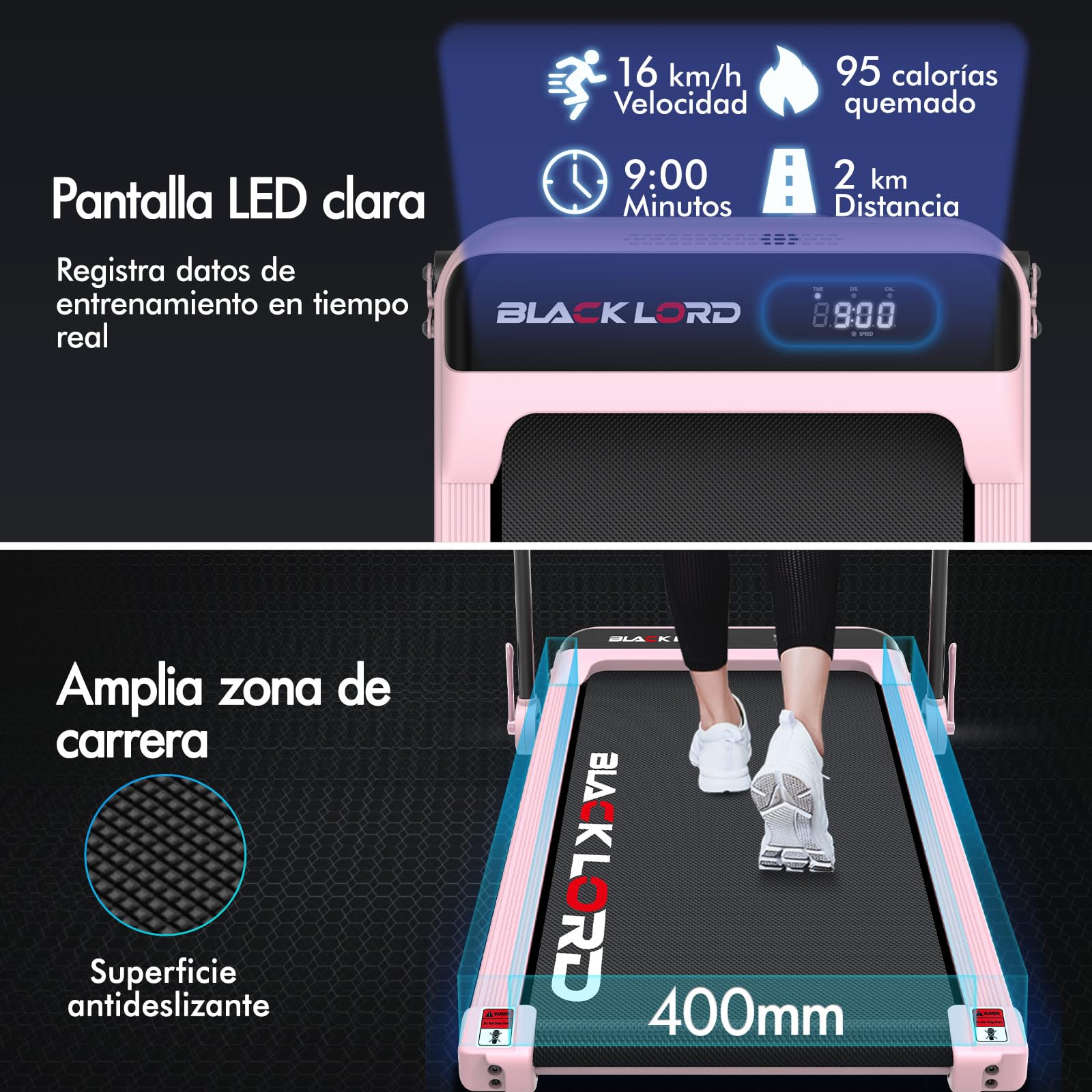 BLACK LORD Cinta de Correr con inclinación del 9% y pasamanos, 3,2 HP Walking Pad, Cinta de Correr eléctrica 4 en 1, 12 programas preestablecidos, Altavoz Integrado, Capacidad de 140 kgRosa