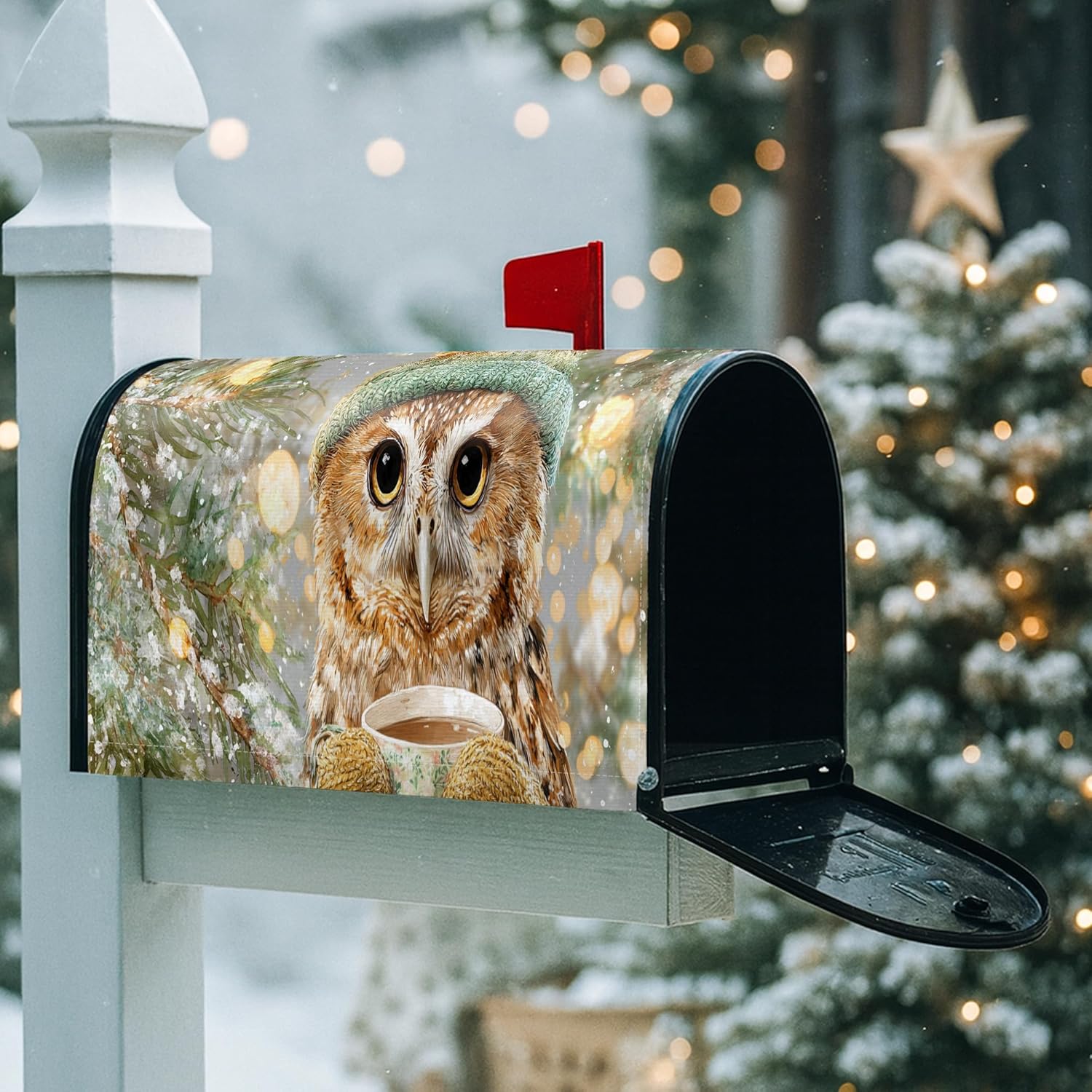 Owl Magnetic Mailbox Covers, Winter Rustic Pine Branches Snowflakes Winter Brown Mailbox Wraps for Outdoor Garden Yard Decor 21x25.5 Inch