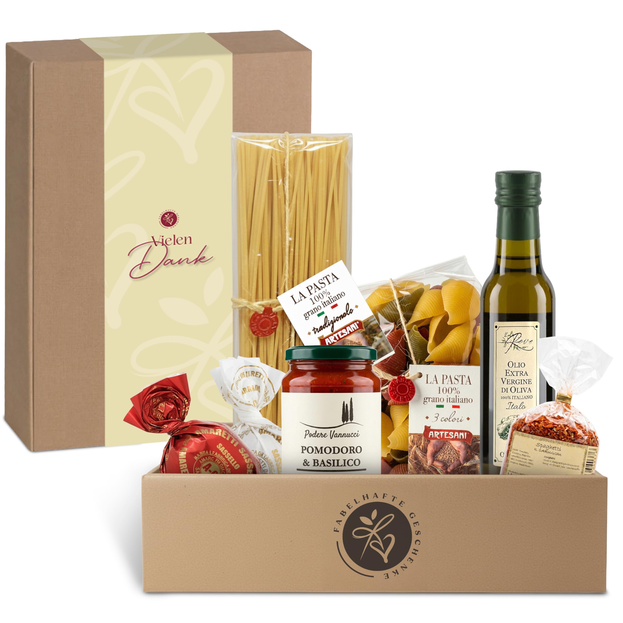 Pasta Vibes – italienischer Präsentkorb für Männer & Frauen | Pasta-Geschenkset für Männer & Frauen | Feinkost-Geschenkidee zum Geburtstag, Weihnachten, Date Night ("Vielen Dank" Banderole)