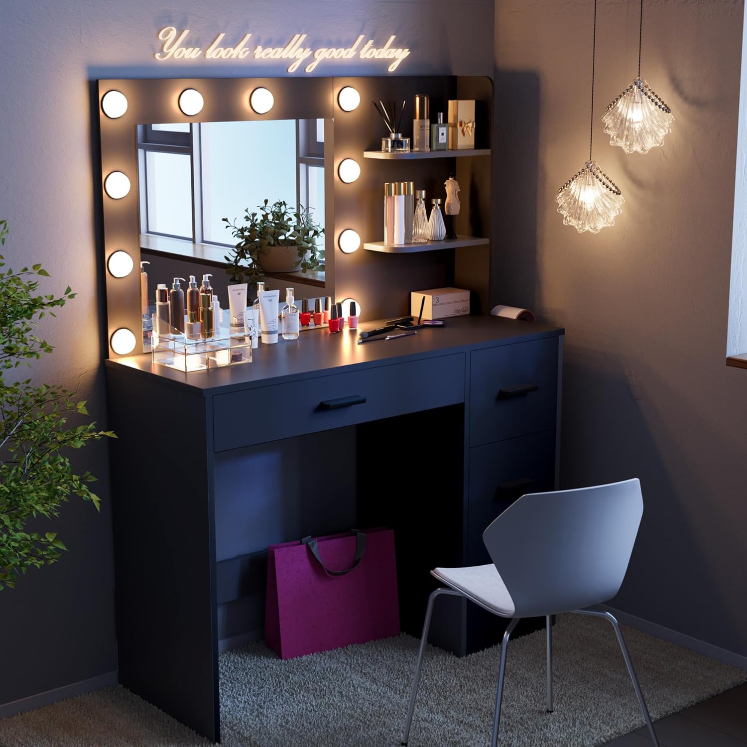 JUMMICO 35.4" Vanity Desk with Mirror & Power Outlet, Makeup Vanity Table with 4 Large Drawers and 3 Storage Shelves, 3 Model Adjustable Lights for Bedroom & Dressing Room (Black)