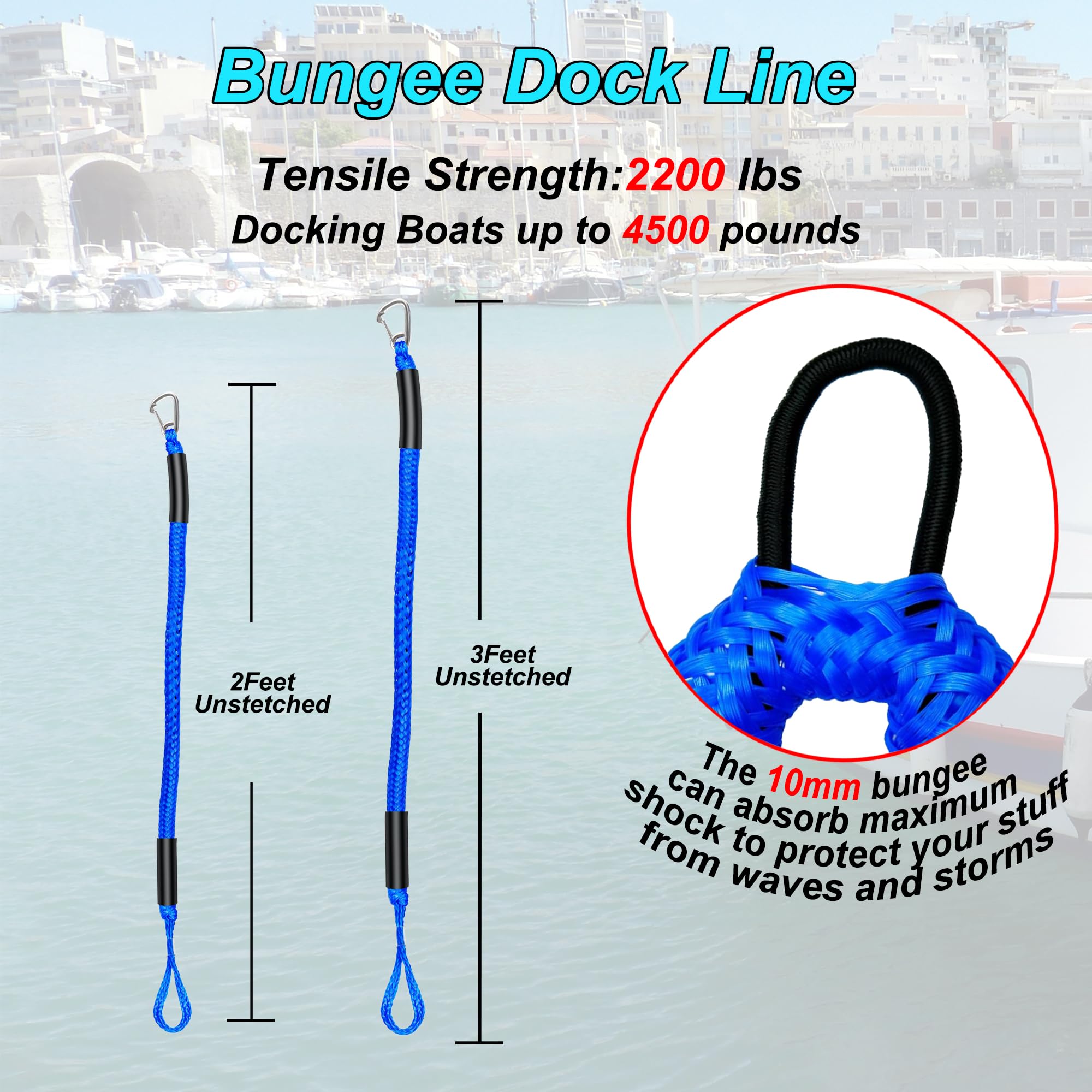 Cumowanie z liną dokującą bungee 0,6 m, 2 sztuki, niezbędne akcesoria do różnych jednostek pływających, do zabudowy, kajaków, jednostek pływających, morskich, skuterów wodnych, pontonu,
