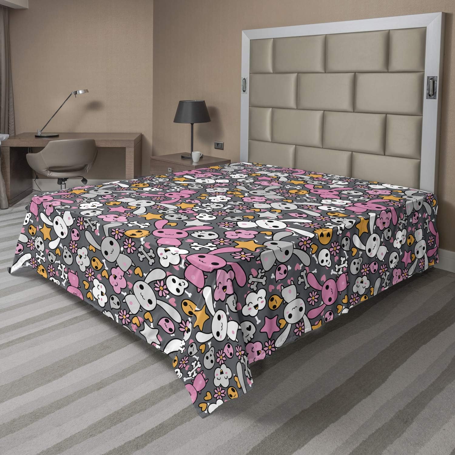Ambesonne Cartoon Flat Sheet, Kawaii Bunnies and Clouds Heart Eyed Skulls Japanese Anime Design Print, Soft Comfortable Top Sheet Decorative Bedding 1 Piece, Queen Size, Multicolor