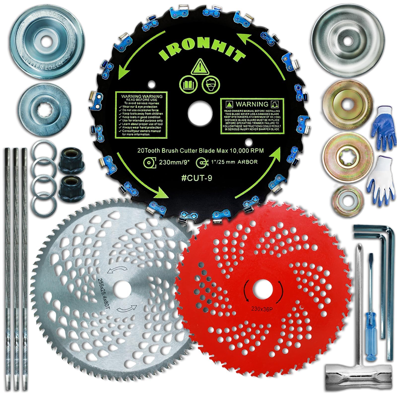 9" x 36 Teeth Carbide Tipped Blades, 9" x 20T Chainsaw Tooth Brush Cutter Blades,10" x 80T Carbide Tip Blades,with Adapter Kit, Trimmer Head fit for WeedEater, 1'' / 25.4 mm Arbor