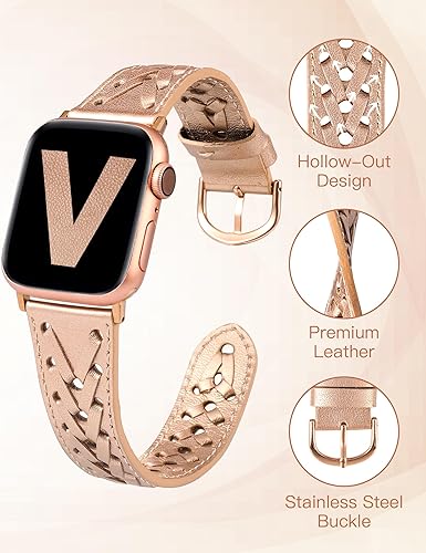 Miniatura 3 de Wearlizer Correa de cuero compatible con Apple Watch Band de 414038444546491.654 in para mujeres y hombres, correa trenzada ahuecada y elegante para