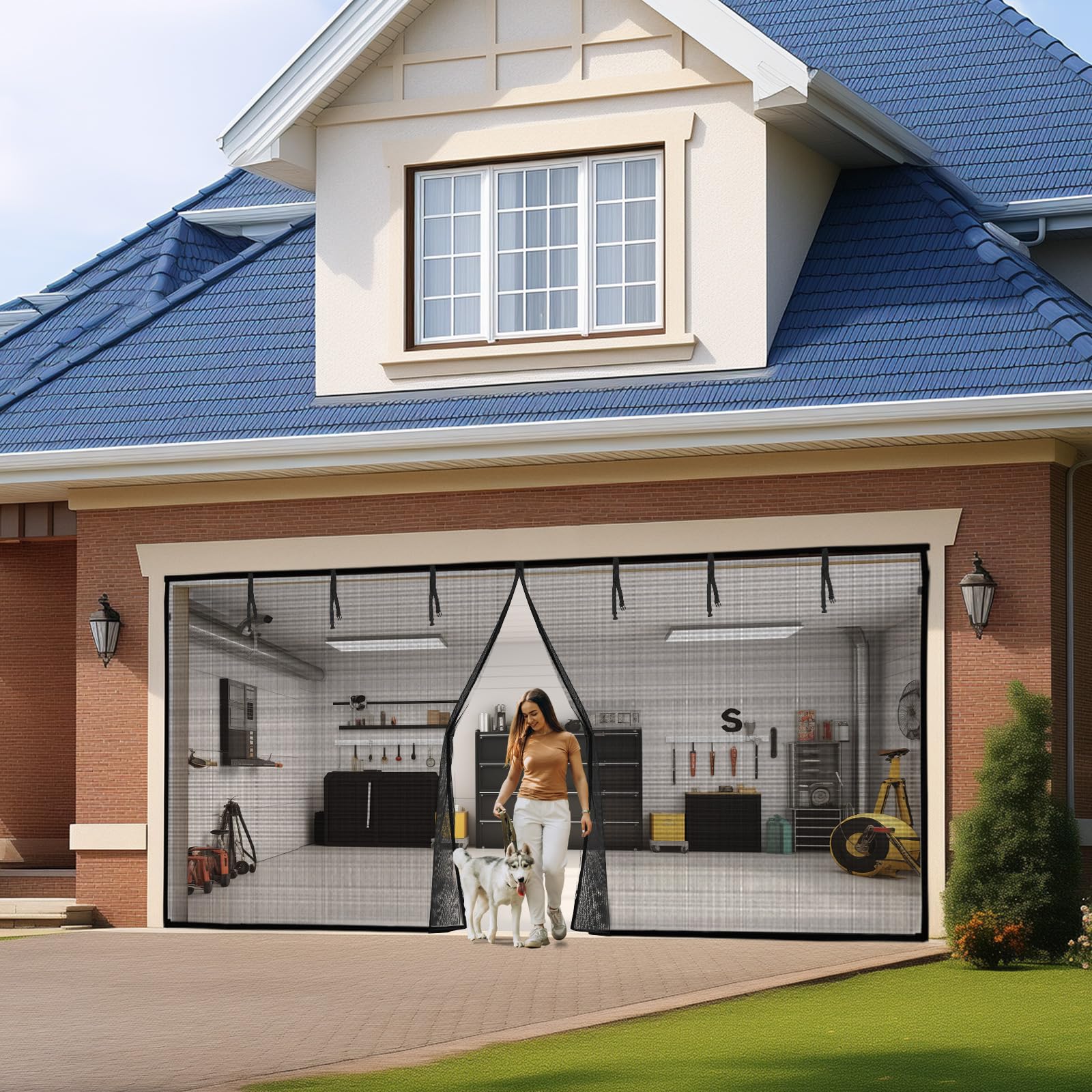Garage Door Screen 2 Car: 16x8FT Garage Screen Door Magnetic Closure Garage Bug Screen Retractable Heavy Duty Weighted Bottom Garage Screen, Hands