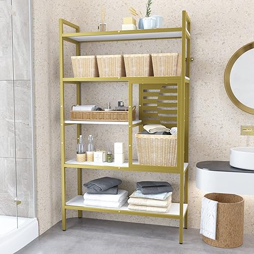 Miniatura 6 de Weehom Estantería industrial ajustable de 5 niveles, estante de madera y metal, estantes altos de pie de exhibición abierta, estantería rústica para