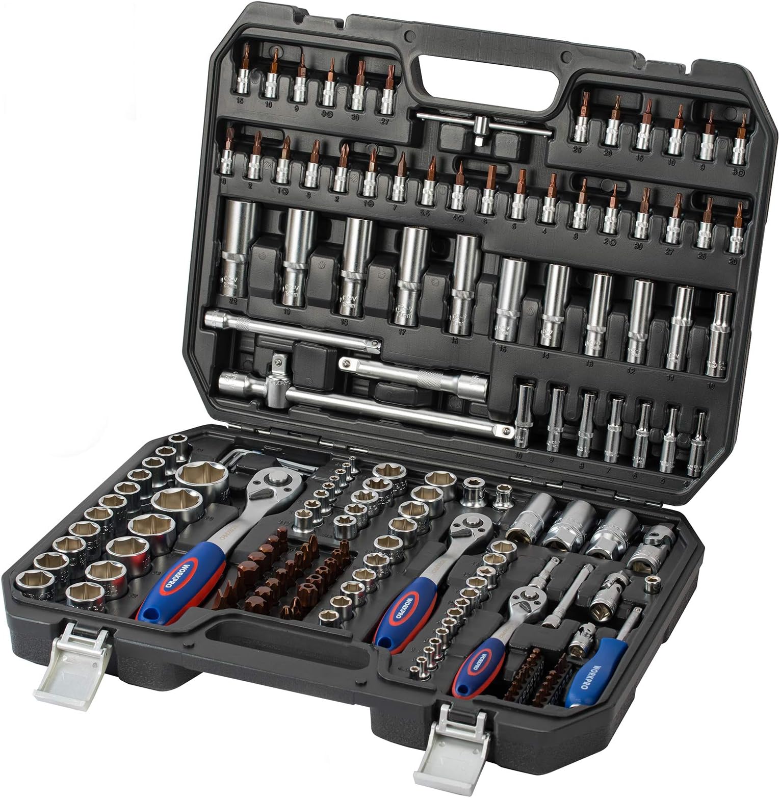 WORKPRO 172-Piece Socket Set, 1/4", 3/8", 1/2" Drive, CR-V Metric Sockets with 72-Tooth Quick-Release Ratchet Handle, with Extension Bars and Universal Joints, Ideal for Car and Home Repair