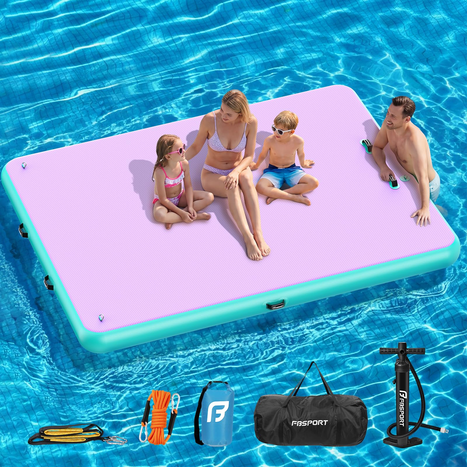 FBSPORT Piattaforma Galleggiante Gonfiabile - Isola d’Acqua per Più Persone, Tappeto Gonfiabile con Superficie Antiscivolo e Borsa, Dock Gonfiabile per Mare, Piscina e Lago