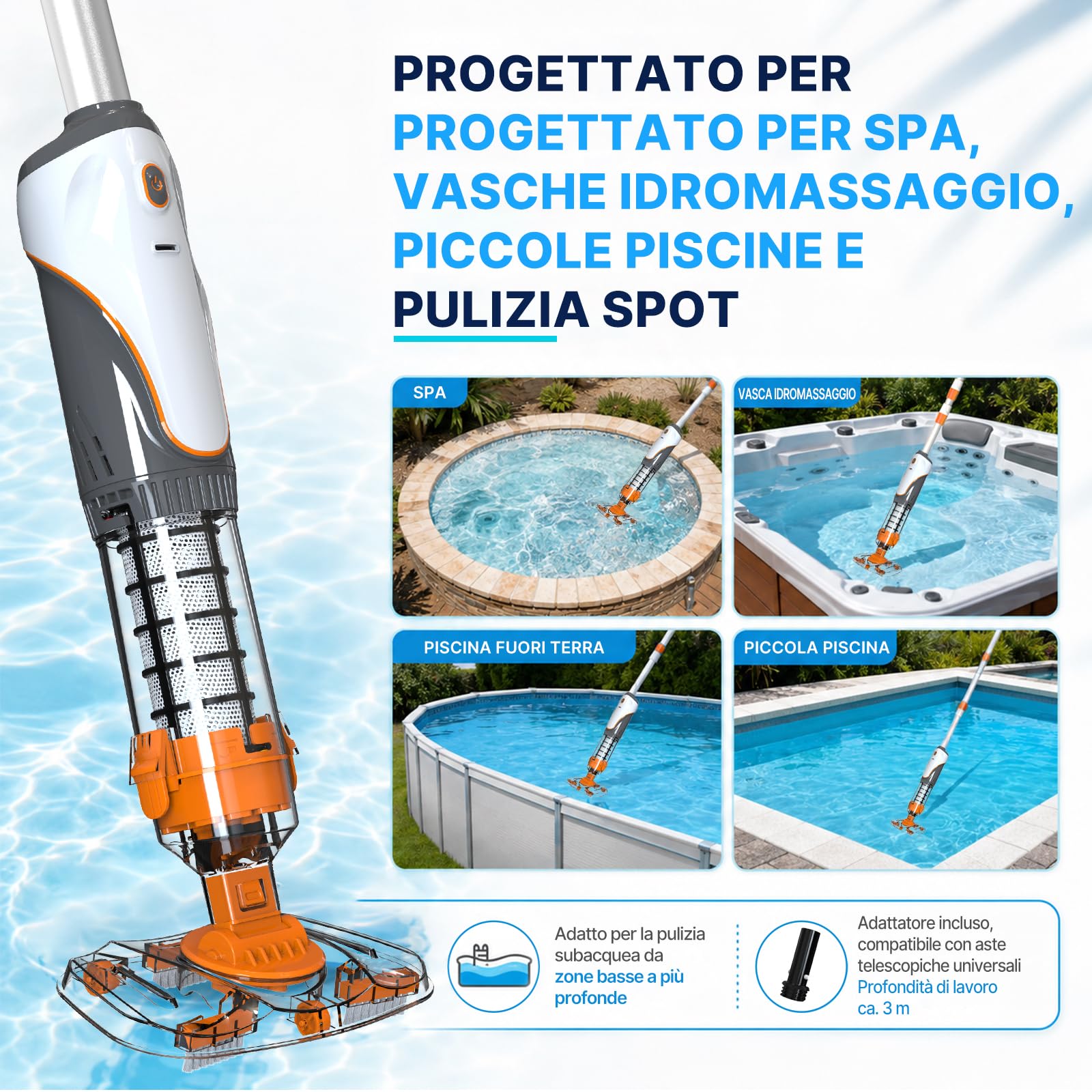 Aspirapolvere Piscina a Batteria, Aspiratore Piscina Senza Fili | Doppia Filtrazione Aspirapiscina, Aspiratore per Spa, Piccole Piscine, Vasche Idromassaggio, Autonomia 60 Minuti, Arancione