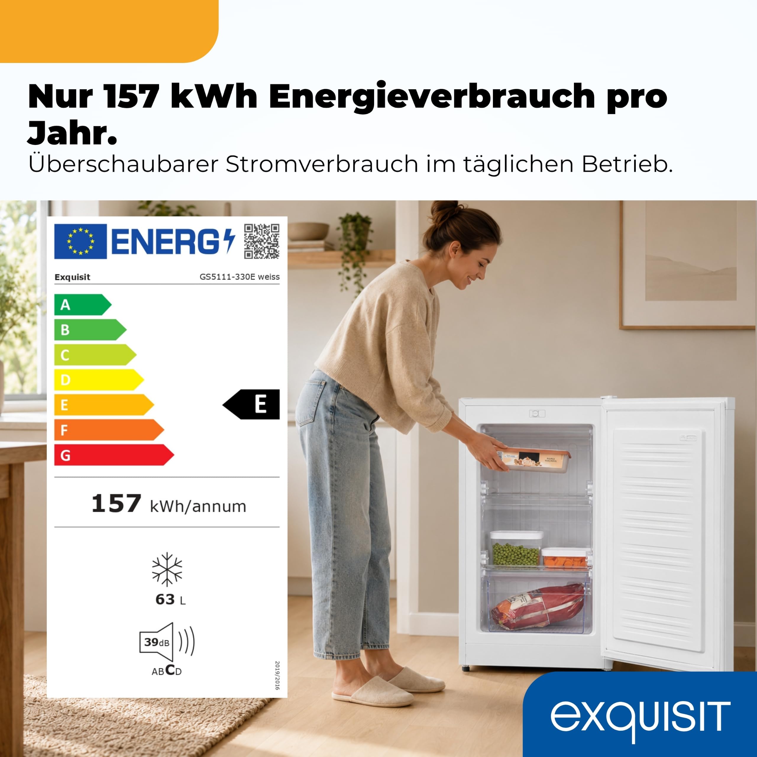 Exquisit GS5111-330E Gefrierschrank - 63 l Gefrierer Weiß - Kompakt | E-Klasse Mini-Gefrierschrank - 4-Sterne-Gefrieren - 39 dB Leise - Wechselbarer Türanschlag für Single-Haushalt