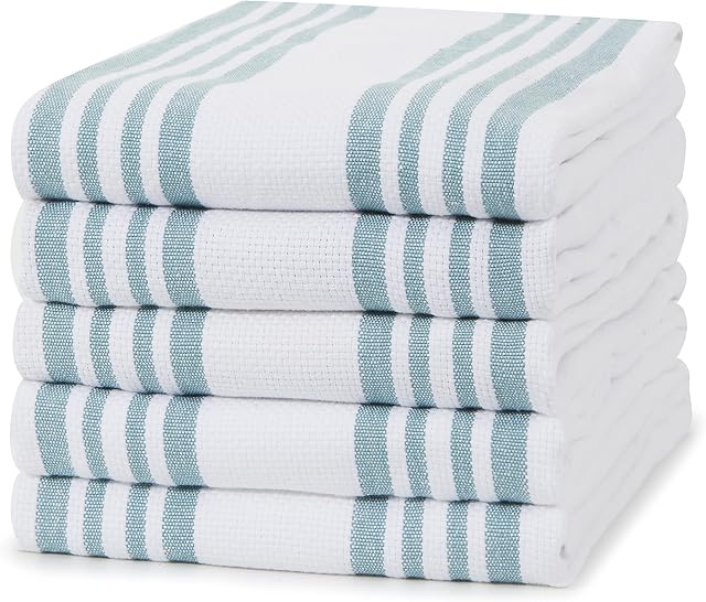 Amazon Brand  Eono 100% Cotton Basket Weave Tea Towels - Absorbent Restaurant Bar Glass Kitchen Cloths - 45 x 67 cm - Pack of 5 - Teal White