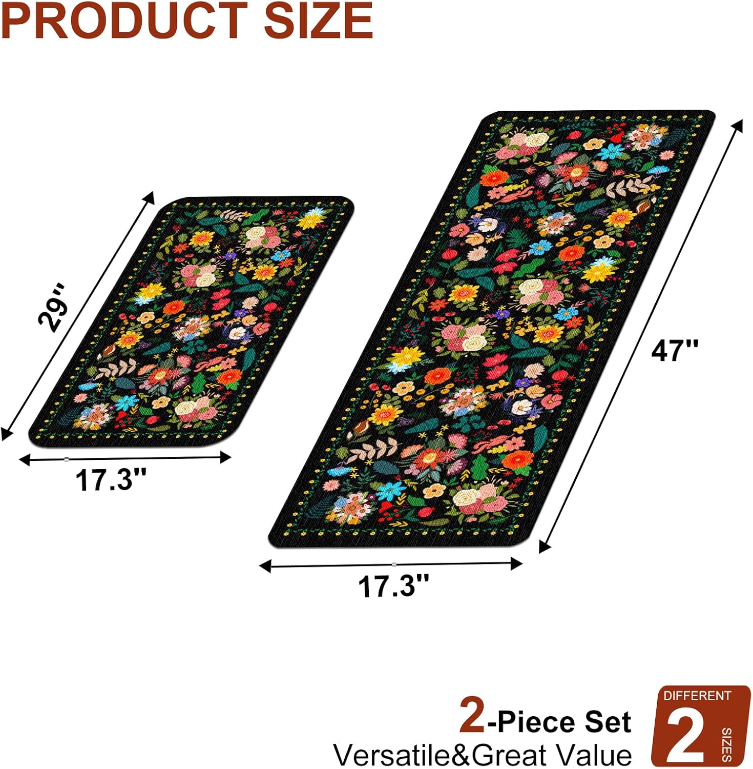 Floral Kitchen Mats for Floor 2 Pc,Boho Flower Waterproof Non Slip Cushioned Kitchen Rugs Mat Set of 2. Use for Farmhouse Standing Washable Comfort Desk Runners,Kitchen Decor,Sink,Laundry