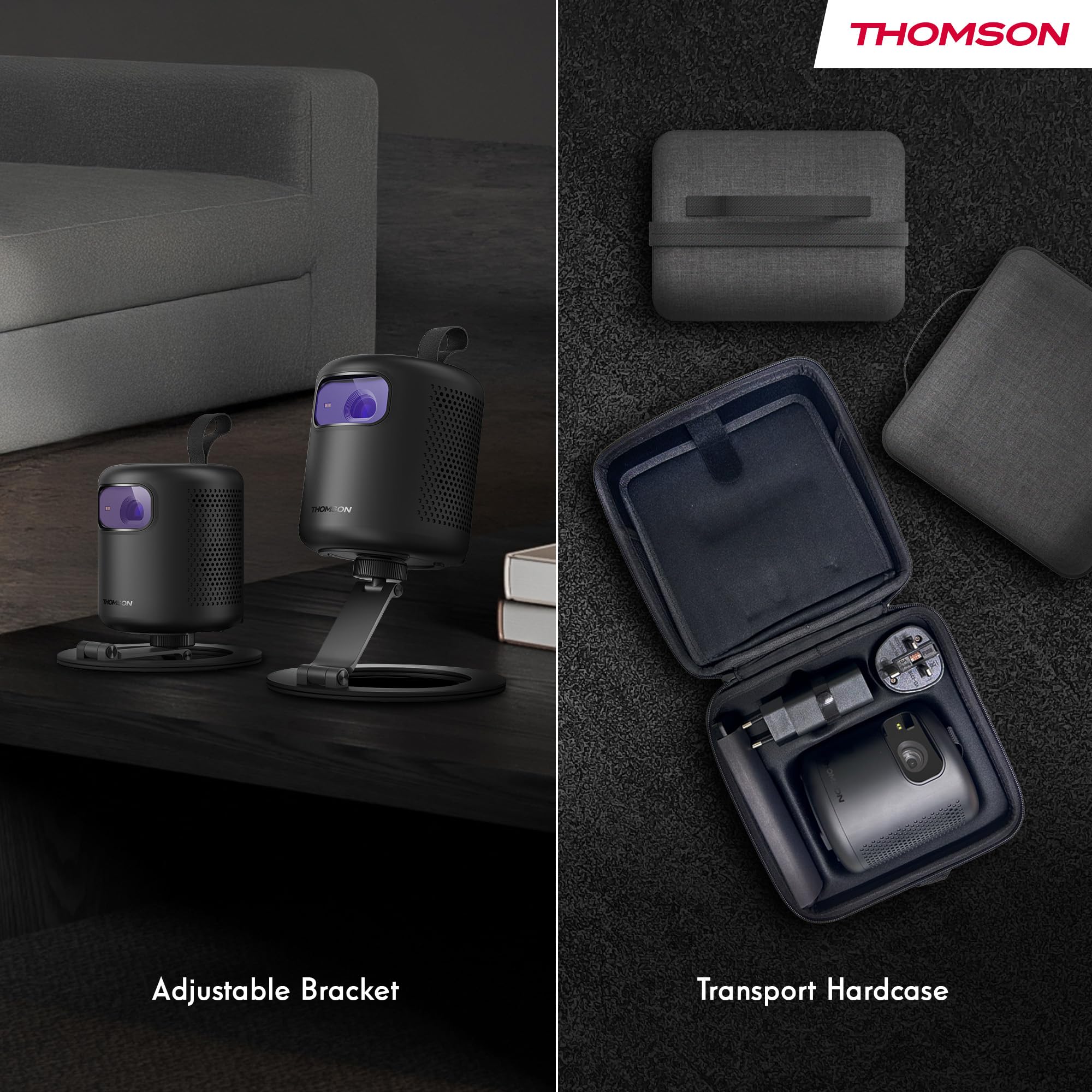 Thomson Vega PG35B Tragbarer Full HD Beamer, Smart LED Projektor mit Google TV, integriertem Akku, 350 ANSI Lumen, Autofokus, HDR10, Dolby Digital+, WiFi, Projektion an die Decke – Hartschalenkoffer