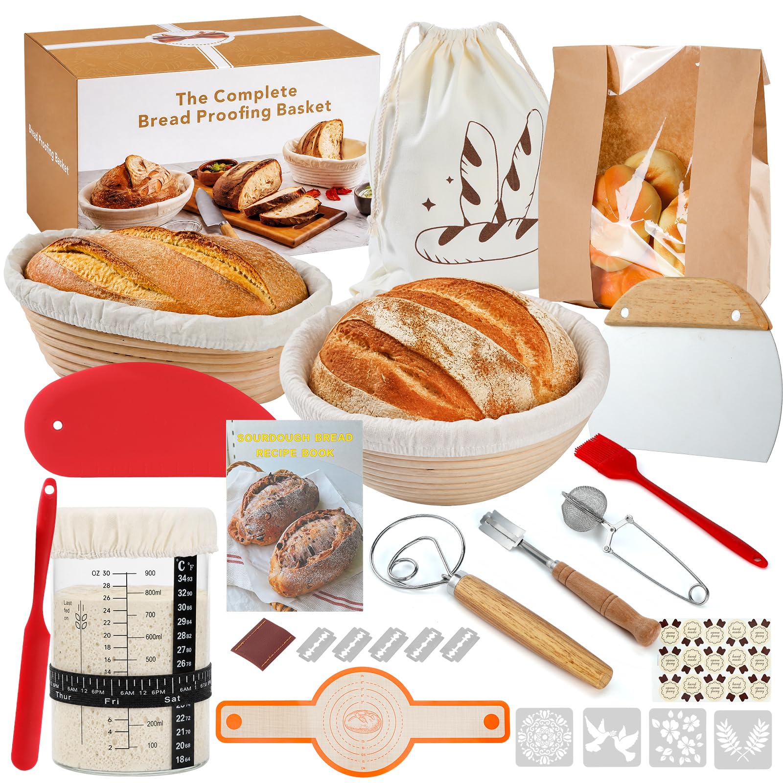 Cesta de Fermentación para Pan Redonda + Ovalado, 31 Piezas Kit Cesta de Prueba de Pan, Cristal de Fermentación, Cesta para Pan de Masa Madre para Principiantes y Experimentados, Caña