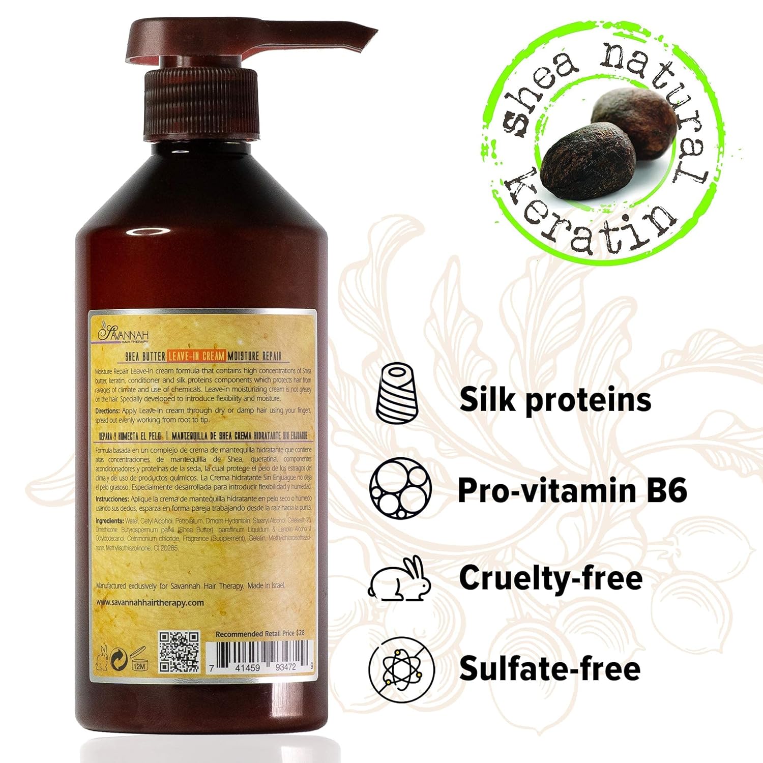 Savannah Hair Therapy Bundle: Raw Shea Butter Shampoo 16.9 oz (500ml) + Leave-in-Cream 16.9 oz (500ml), for All Types of Hair, Natural Keratin Treatment, Sulfate Free Moisture Repair Treatment