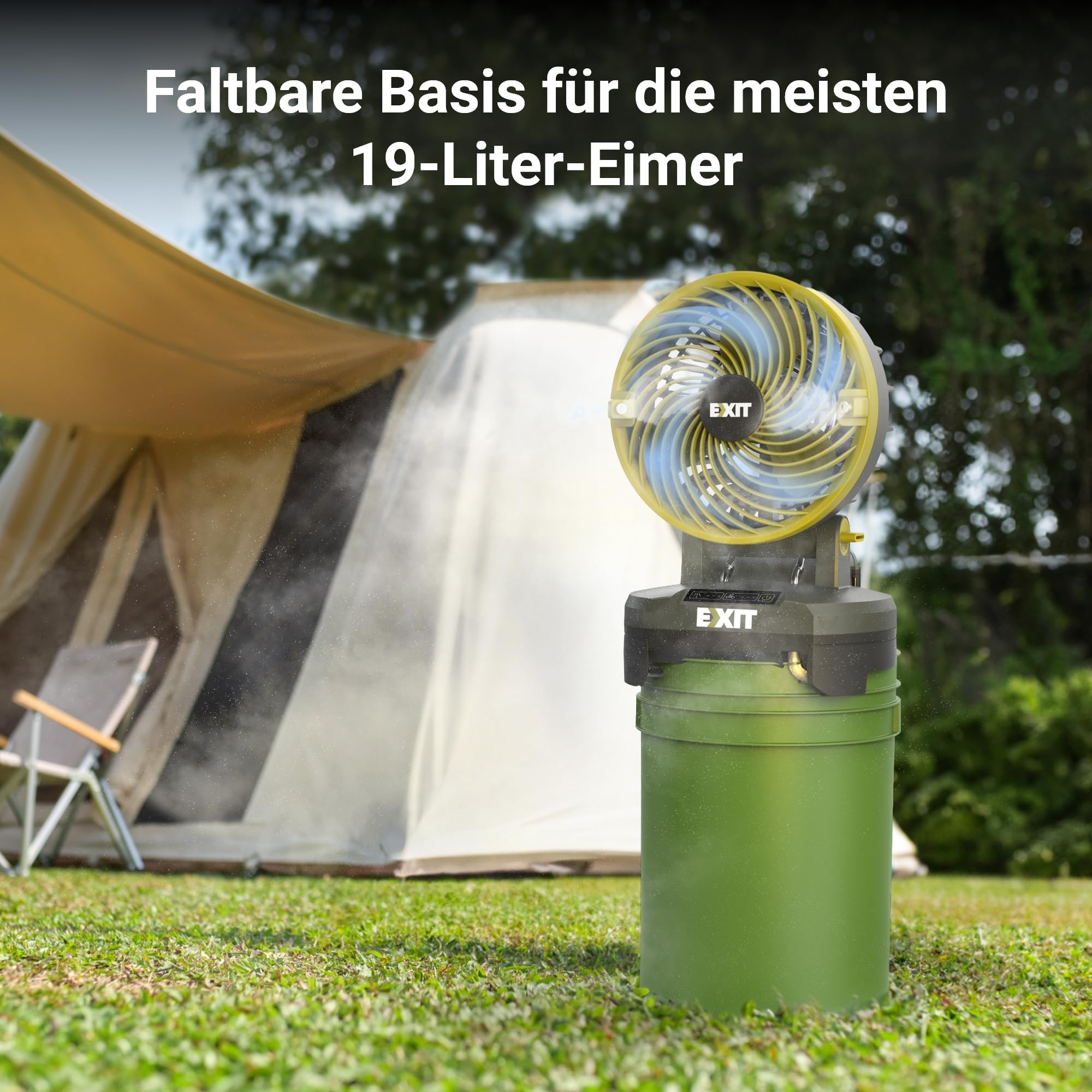 EXIT Akku-Nebelventilator EX022 20V,ideal für Camping, Grillpartys & Strand | 3 Geschwindigkeiten, 3 Nebeleinstellungen, bis 8 Std. Laufzeit, 60° Schwenkkopf, für Camping, Grillpartys & Strand, 19L Eimer