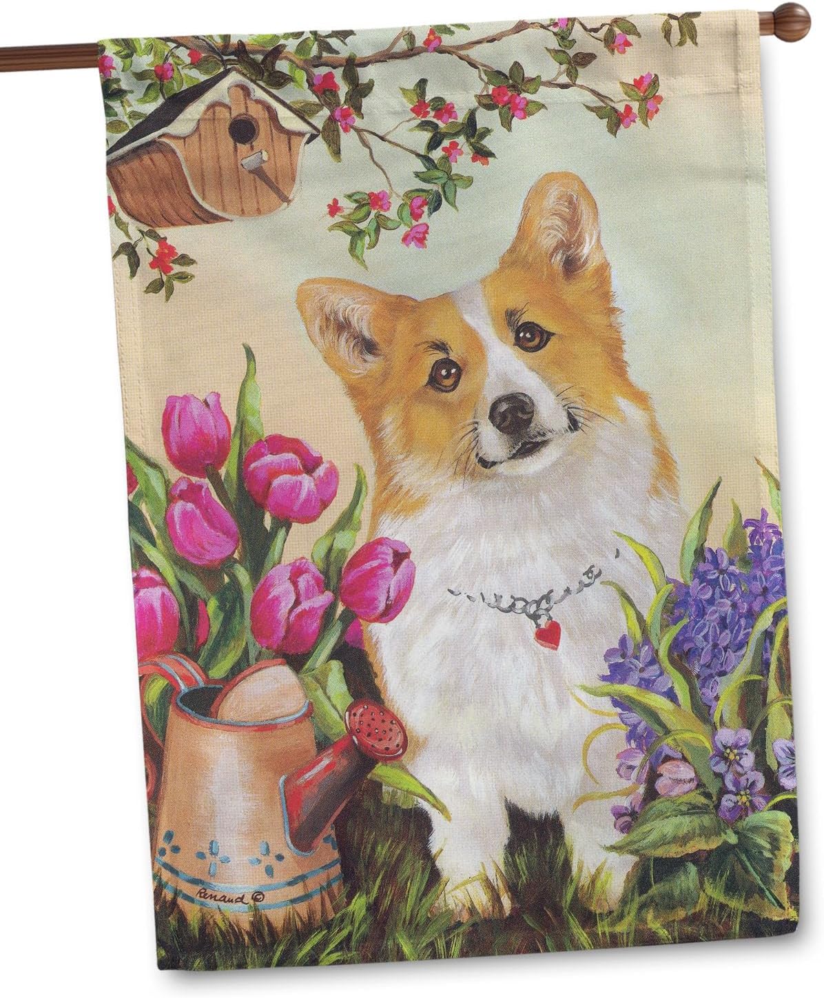 Flagology, Corgi Sunshine Spring House Flag 28” x 40”, Precious Pets Paintings, Outdoor Spring Decor, Decorative Dog Lover Flag