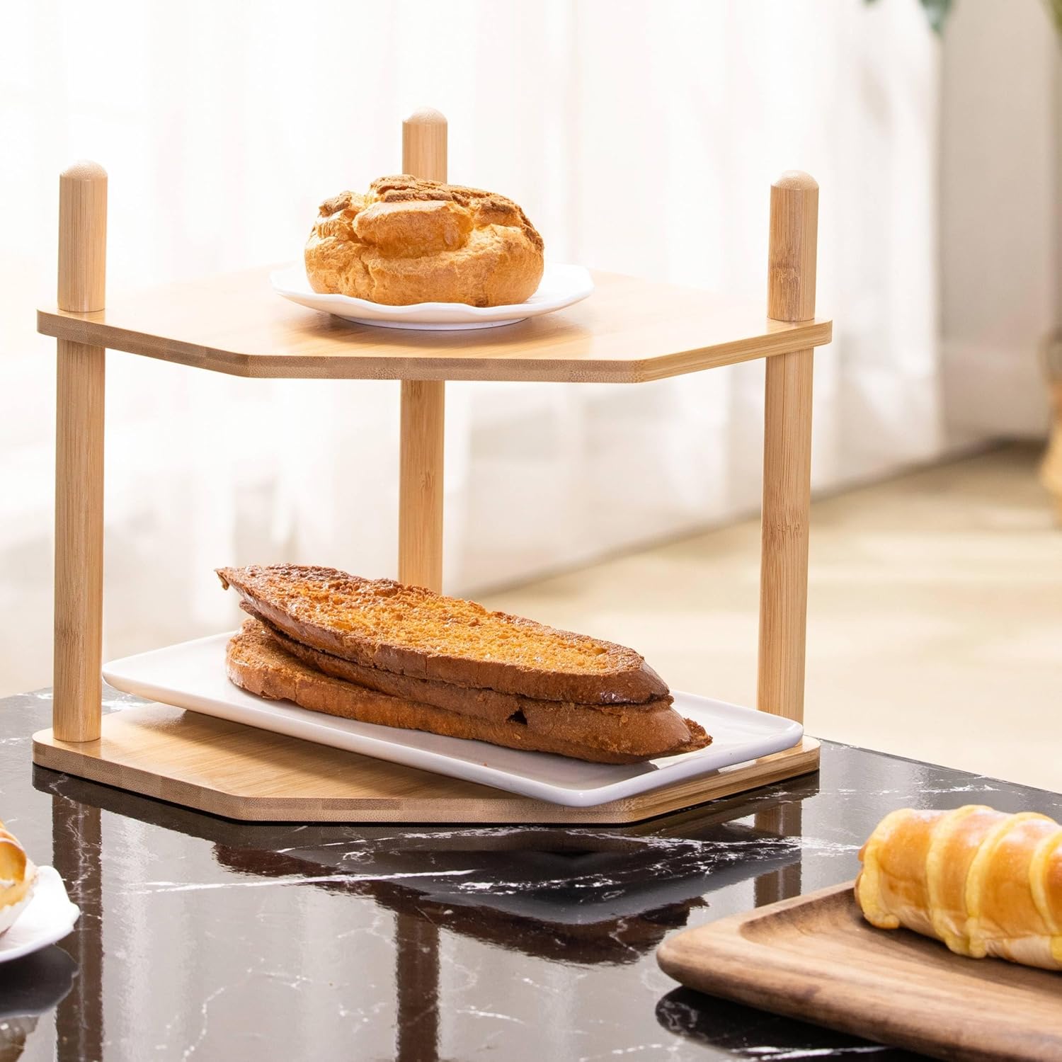 2 Pack 2-Tier Expandable Bamboo Corner Shelf - Dish/Plate Organizer for Cabinet, Kitchen Counter Shelf & Small Kitchen Shelf, Adjustable(2, 6.7" H)