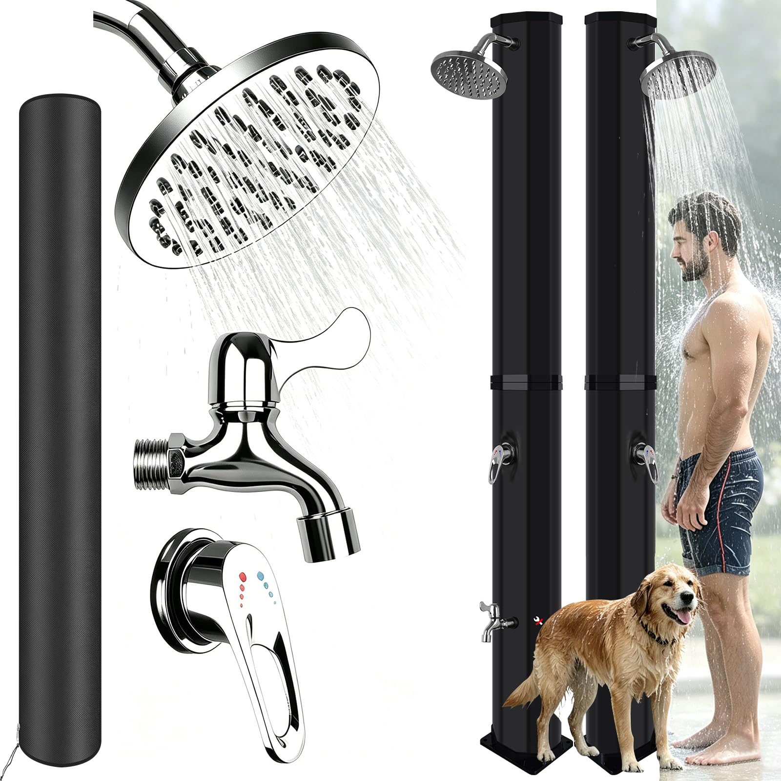 Doccia Solare da Giardino 60Litri - Solare da Esterno con Doccia e Rubinetto a Pedale, Acqua Calda Fino a 60°C, Doccia Solare da Esterno per Il Spiaggia, Piscina con Copertura Antipolvere