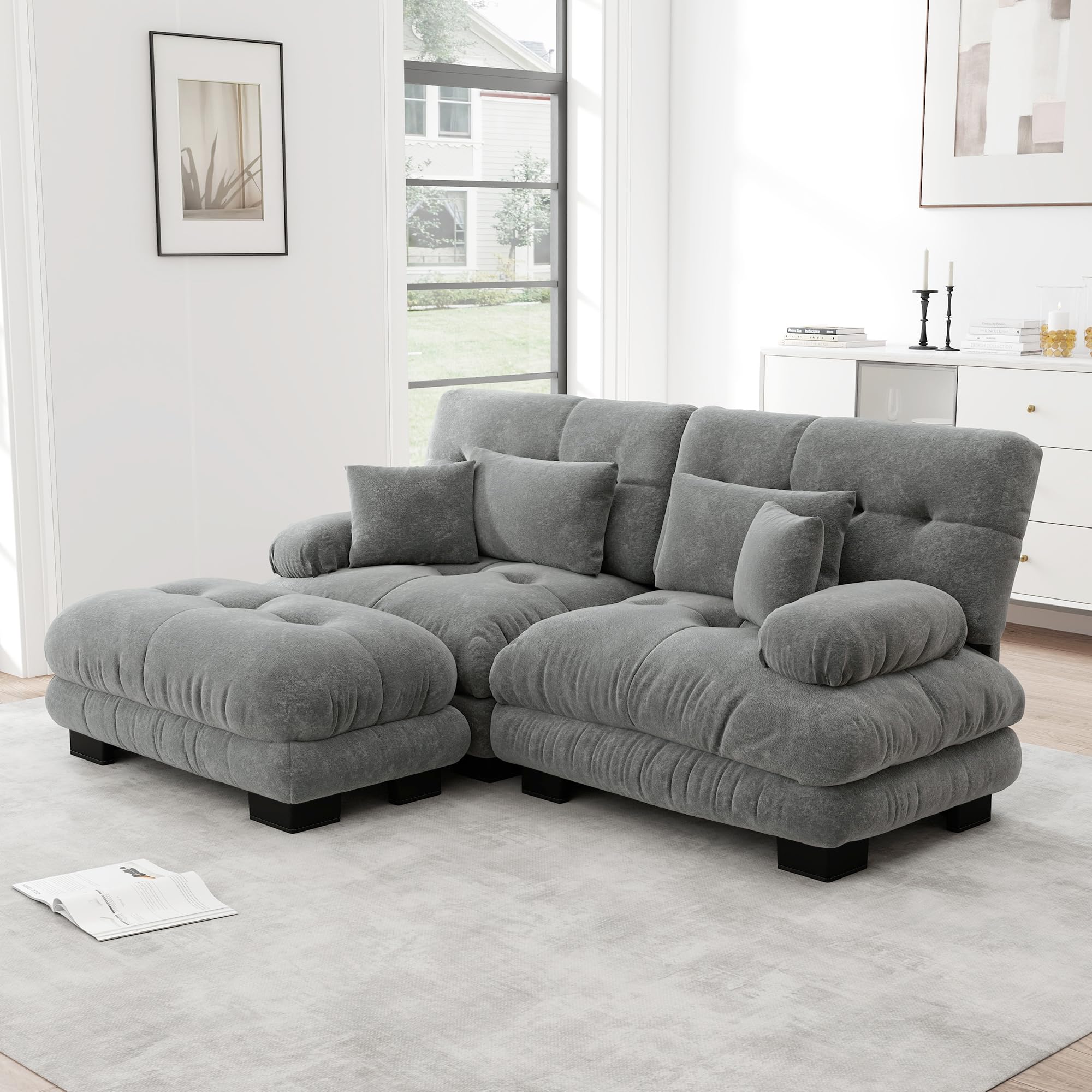Cloud Divano ad angolo per soggiorno, in ciniglia, doppio divano con 2 cuscini lombari e 2 cuscini decorativi, divano imbottito con braccioli larghi e pouf (grigio+2 posti)