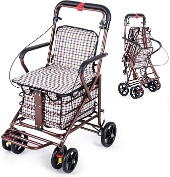 Shopping Trolley with Seat for Seniors, 4 Wheel Shopping Trolley, Foldable Shopping Cart with 360  Rolling Walker with Brakes and Comfortable Chair for Mobility and Rest