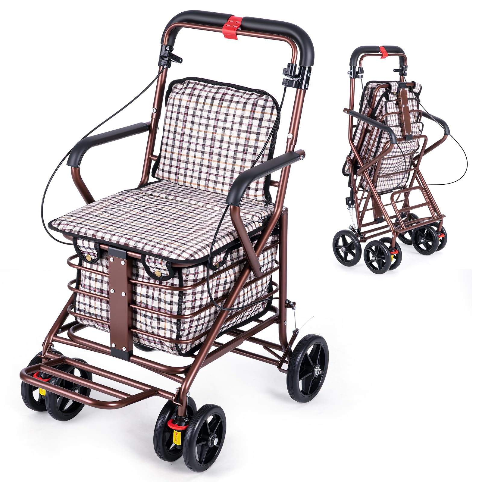 Shopping Trolley with Seat for Seniors, 4 Wheel Shopping Trolley, Foldable Shopping Cart with 360° Rolling Walker with Brakes and Comfortable Chair for Mobility and Rest