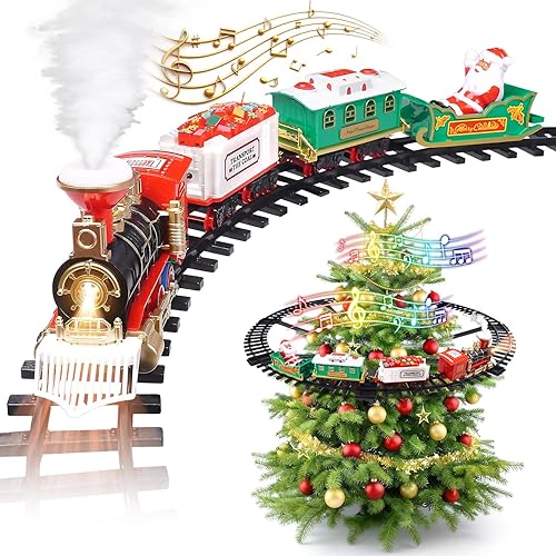 Juego de tren de Navidad 2 en 1 para colgar alrededor del árbol, juguetes para niños pequeños con pista de lujo, sonido y humo, juego de juguetes de