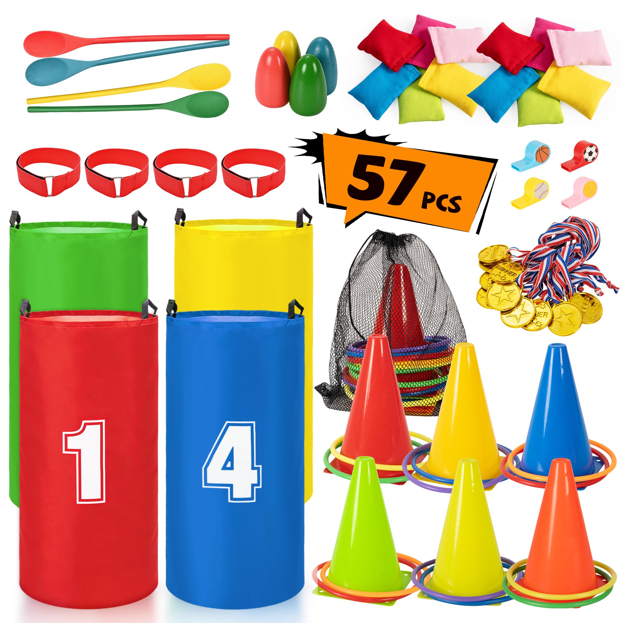 ROPODA Sports Day Kit, 57 PCS Outdoor Games Set, Potato Sack Bags for Kids Adults, Egg and Spoon Race, Plastic Cones, Balls Ring Toss, 3 Legged Race Bands, Garden Games for Kids