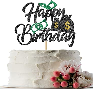 Dollar Happy Birthday Cake Topper - Money Bill Themed Birthday Party Decor - Dollar Bday Party Decoration Supplies, Black Glitter