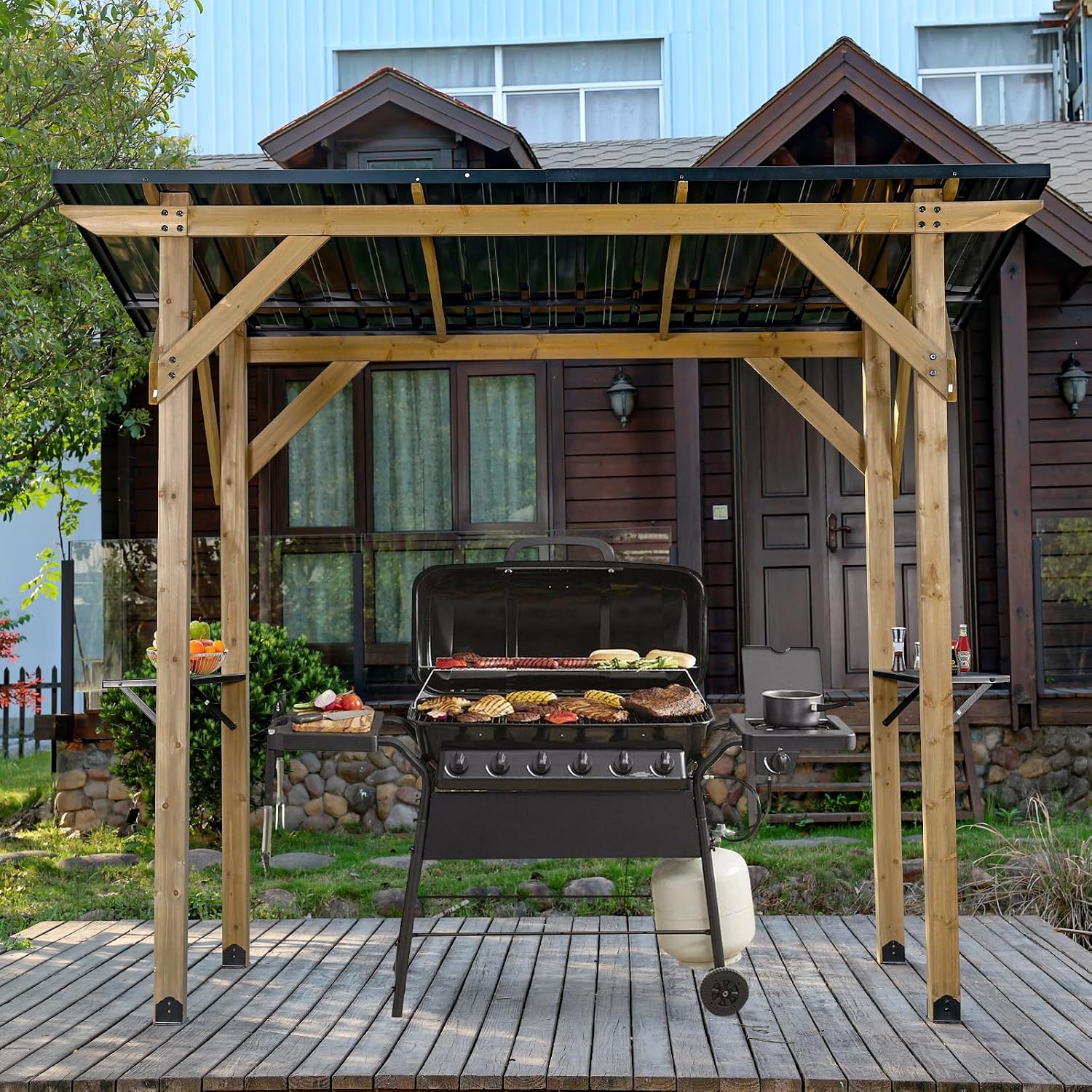 COWVIE 8' x 5' Wooden Grill Gazebo, Outdoor BBQ Gazebo with Sloping Metal Roof and 2 Side Shelves, for Patio, Backyard, Lawn, Deck