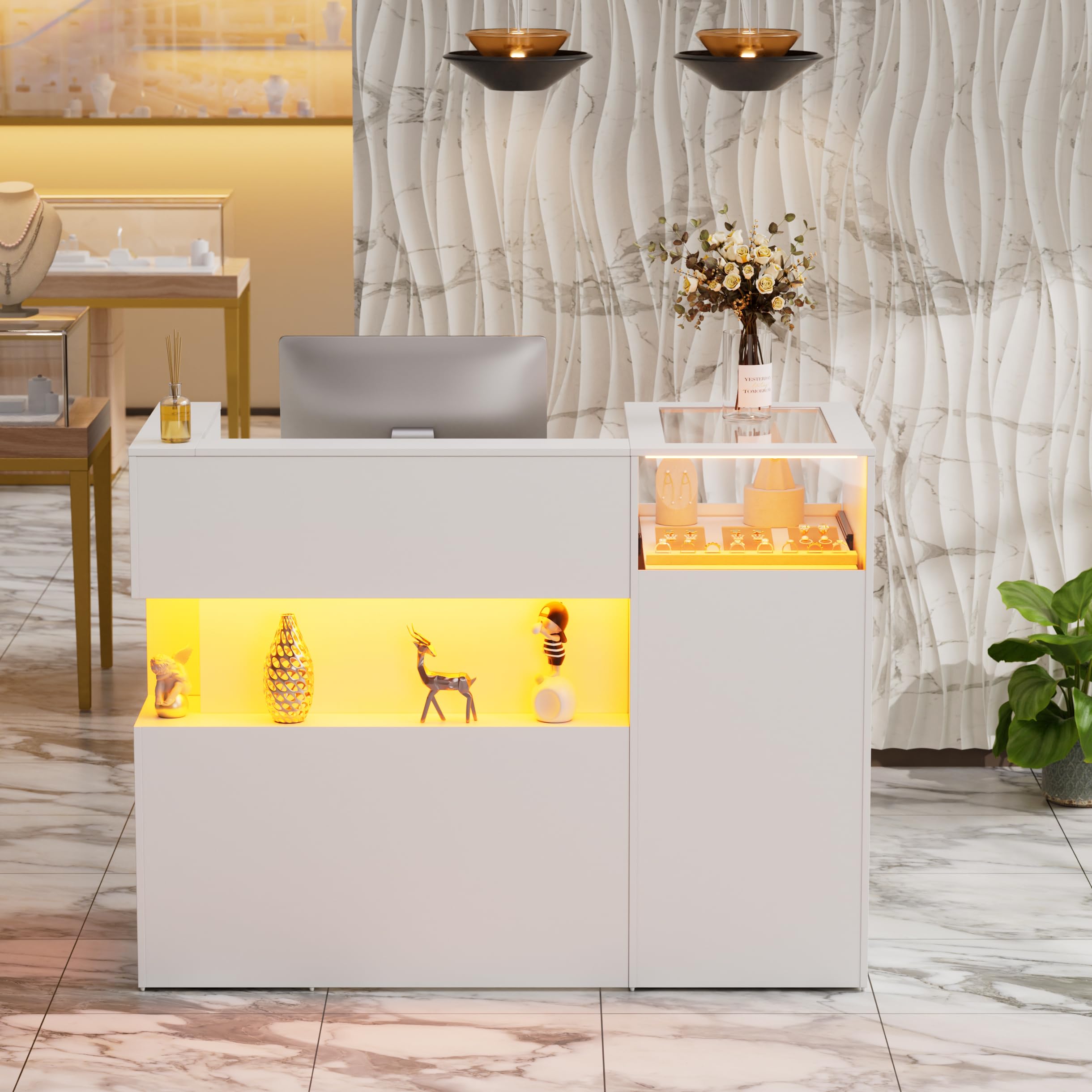 Barra de recepción con LED y estante de cristal, mostrador de venta con cajones con cerradura, mostrador de recepción con bandeja para teclado, mostrador de recepción para oficina, salón, tienda o