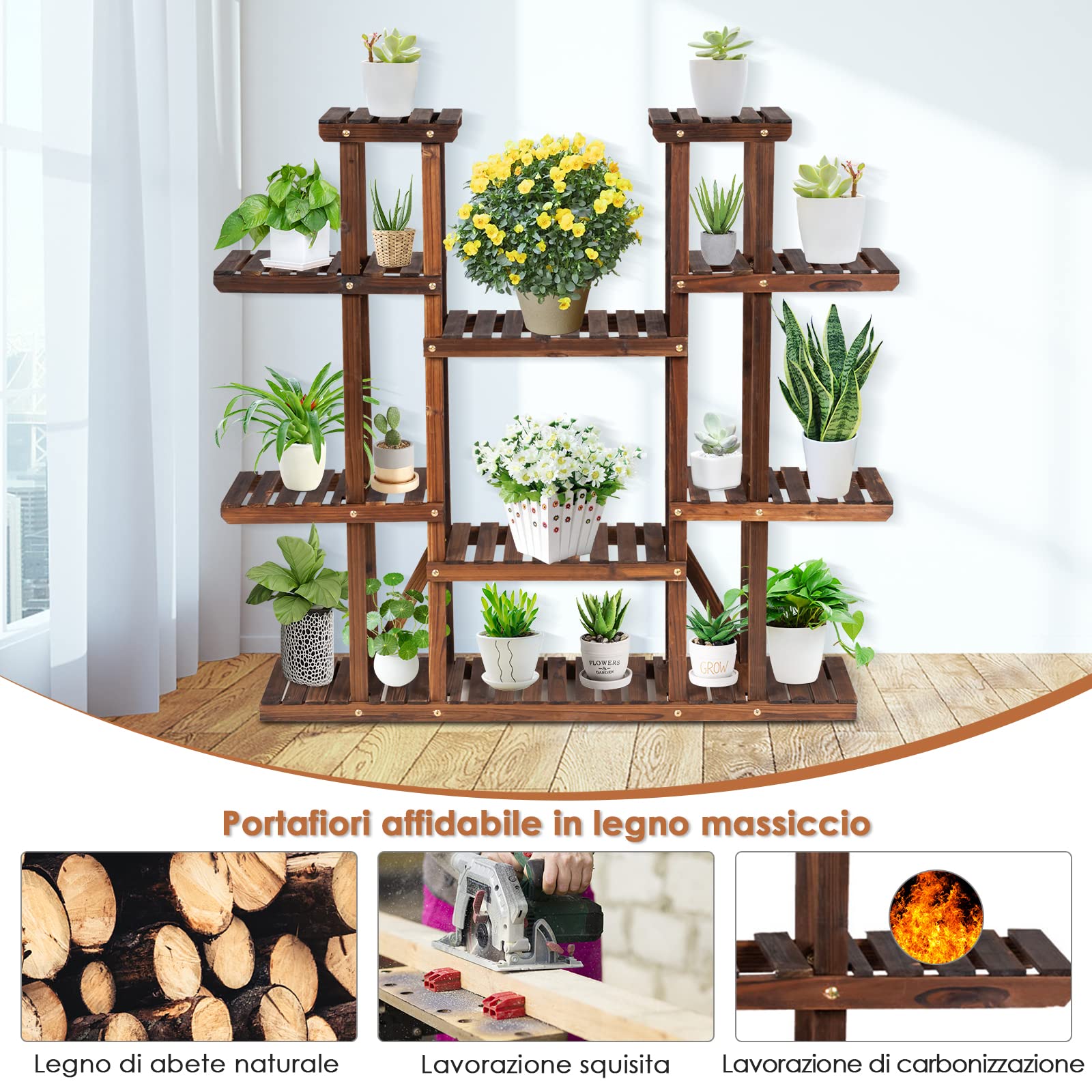 GOPLUS Scaffale Portafiori in Legno, 5/6/7 Ripiani, Scaffali Porta Piante, Design Raffinato, in Legno Massiccio, per Interni, Esterni, Giardino, Serra (125x25x114 cm (6 Ripiani))