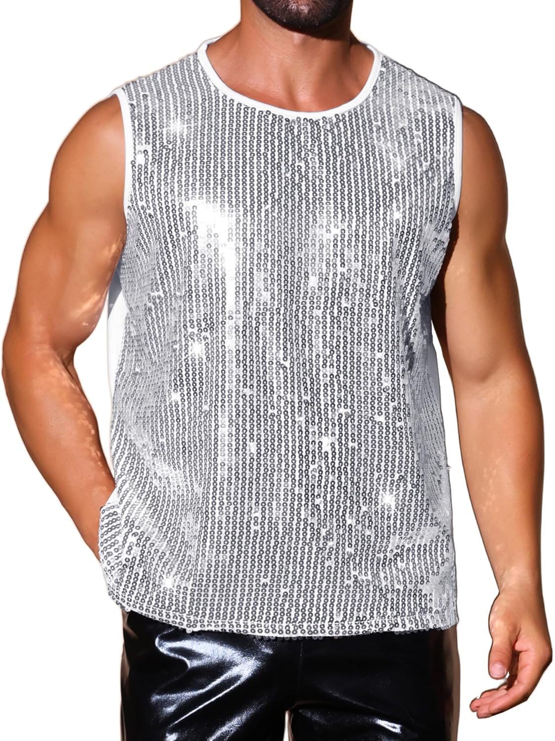 Lars Amadeus Sequin Tank Top for Men's Patchwork Sleeveless Party Night Out Sparkle Vest