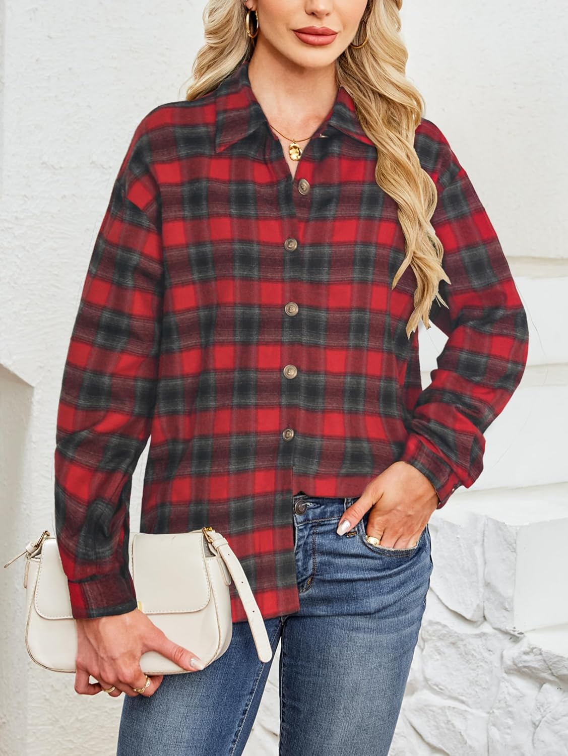 Besshopie Button Down Plaid Flannel Shirts for Women Long Sleeve Shacket Oversized Casual Blouses Tops - Image 2
