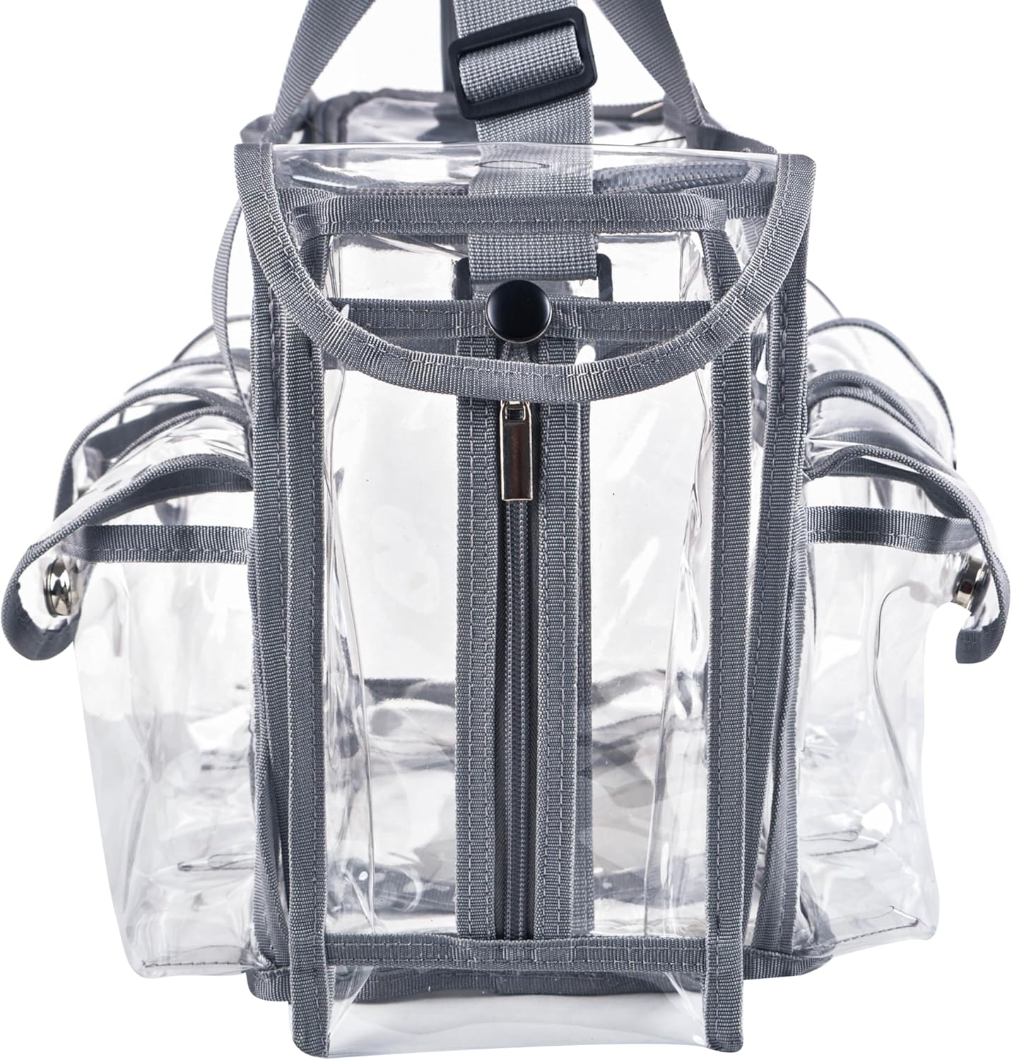 Wide Mouth Large Professional Clear PVC Travel Makeup Artist Set Bag Cosmetic Nails Beauty Bags Transparent Vinyl Tool Organizer Work Bag Beach Bags Diaper Bag with 6 External Pockets & Strap (Grey)