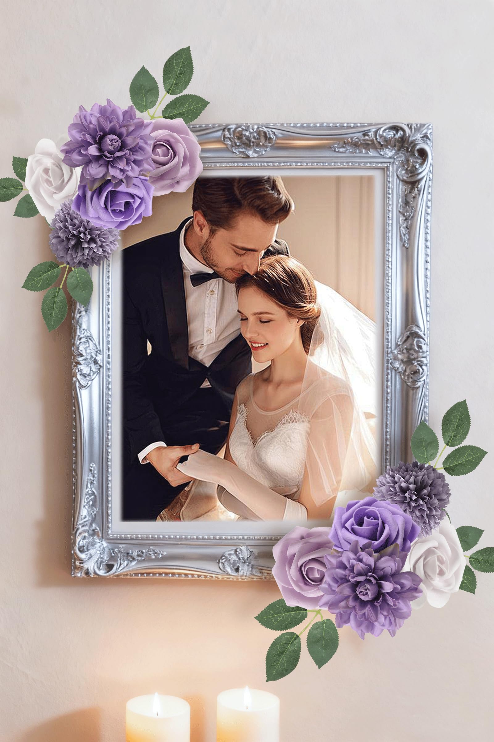 rongflower Set di fiori artificiali con foglie di fiori e foglie con steli, per bouquet da sposa fai da te, centrotavola, baby shower, feste, decorazioni per la casa (viola lavanda)