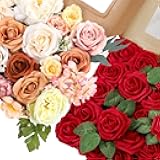 AmyHomie Champagne Artificial Flowers Combo and Red Rose 25pcs Real Looking Fake Roses w/Stem for DIY Wedding Bouquets Centerpieces Arrangements Party Baby Shower Home Decorations