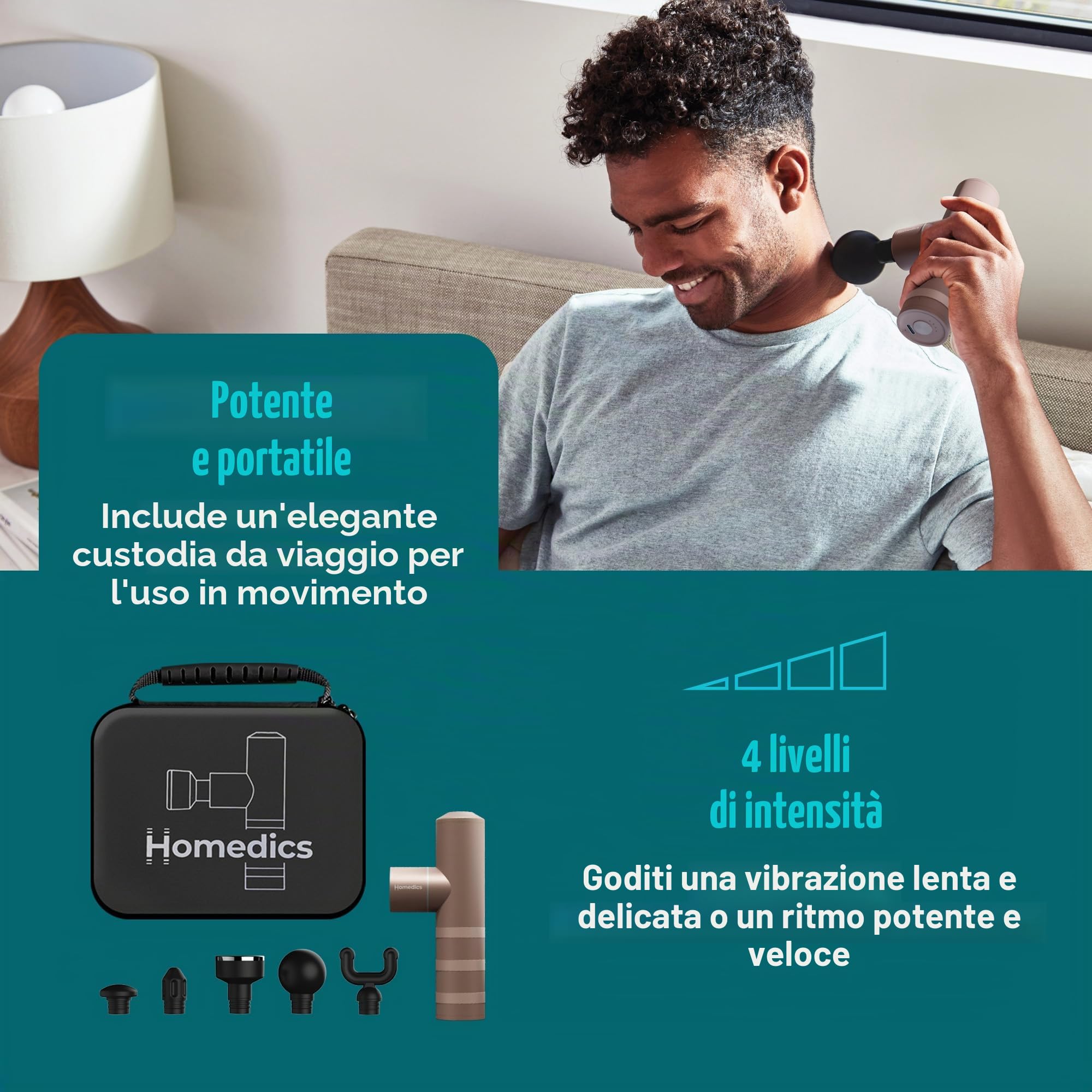 Homedics MYTI Massaggiatore Elettrico Portatile Riscaldato, Rame | 5 Accessori, 4 Livelli di Intensità, Massaggio a Percussione per Tessuti Profondi, Sollievo del Disagio