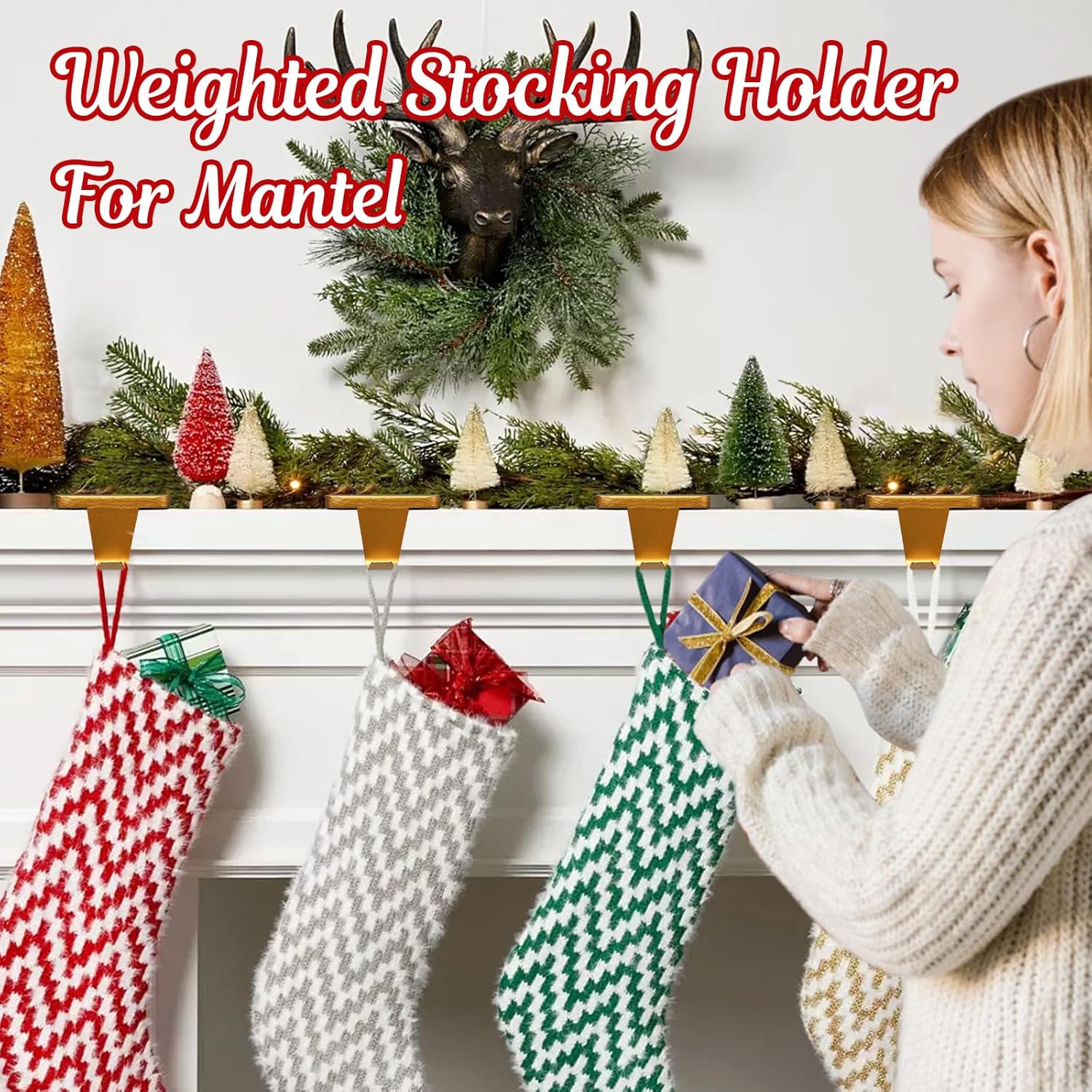 HMASYO Christmas Stocking Holders for Mantle Set of 4, Gold Heavy Duty Iron Stocking Hangers Base, Low Profile Weighted Stocking Holder Hooks for Fireplace Tabletop Shelf Christmas Decoration