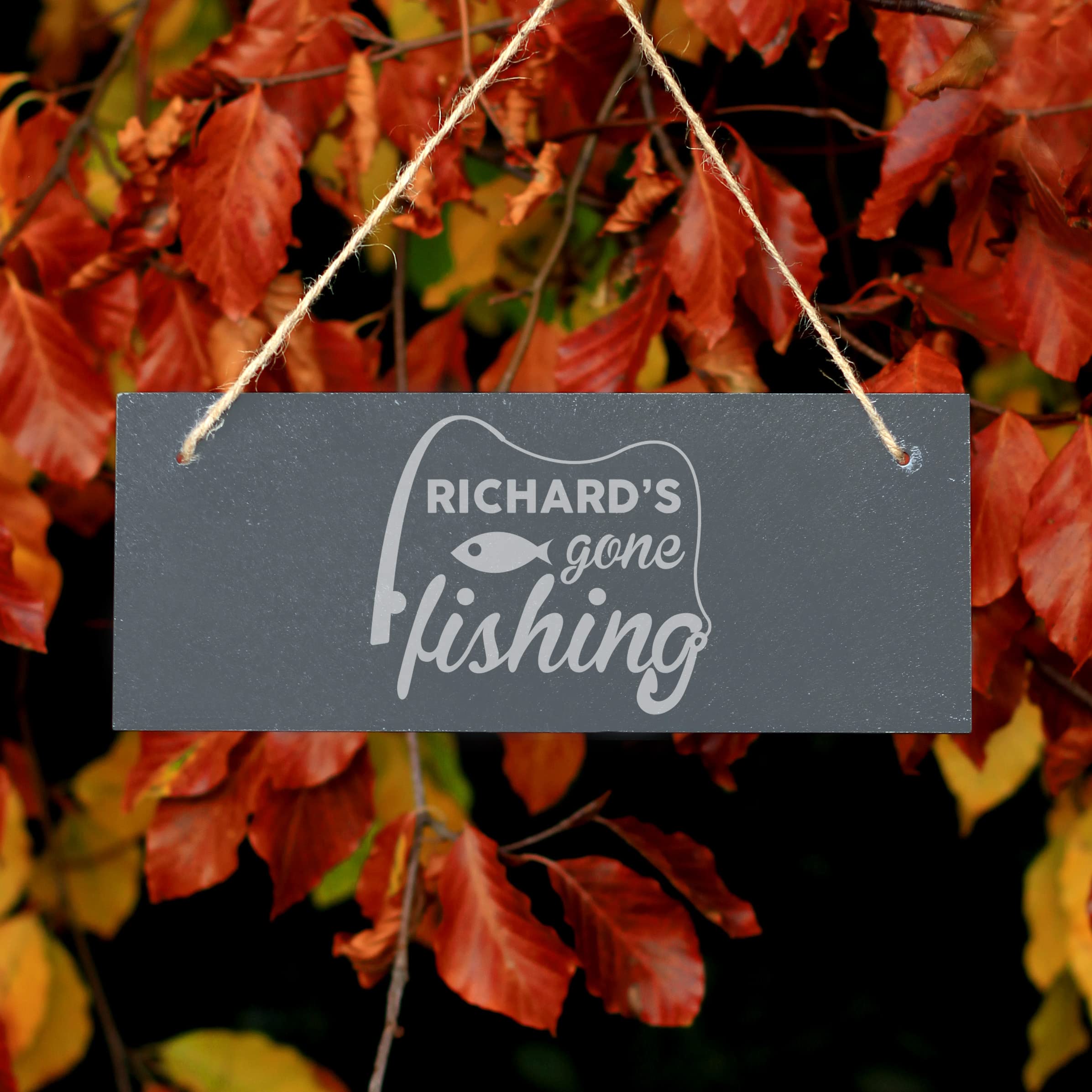 Ebuygb Grey Personalised Gone Fishing Sign, Hanging Rectangle Slate Door Sign, 25X10cm Laser Engraved Angler Gift Plaque For Dad, Grandad, Husband