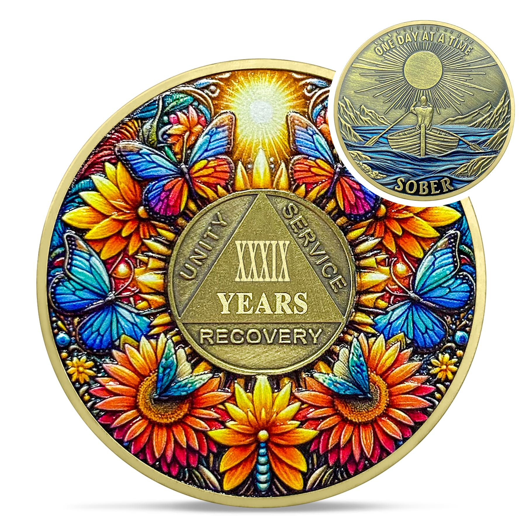 Delicate Sunflower 39 Year Sobriety Coin - 39 Year Recovery Butterfly AA Coins - One Day at A Time NA HA AA Chips and Medallions - 1-40 Years Living Clean Alcoholics Anonymous Gifts for Men Women