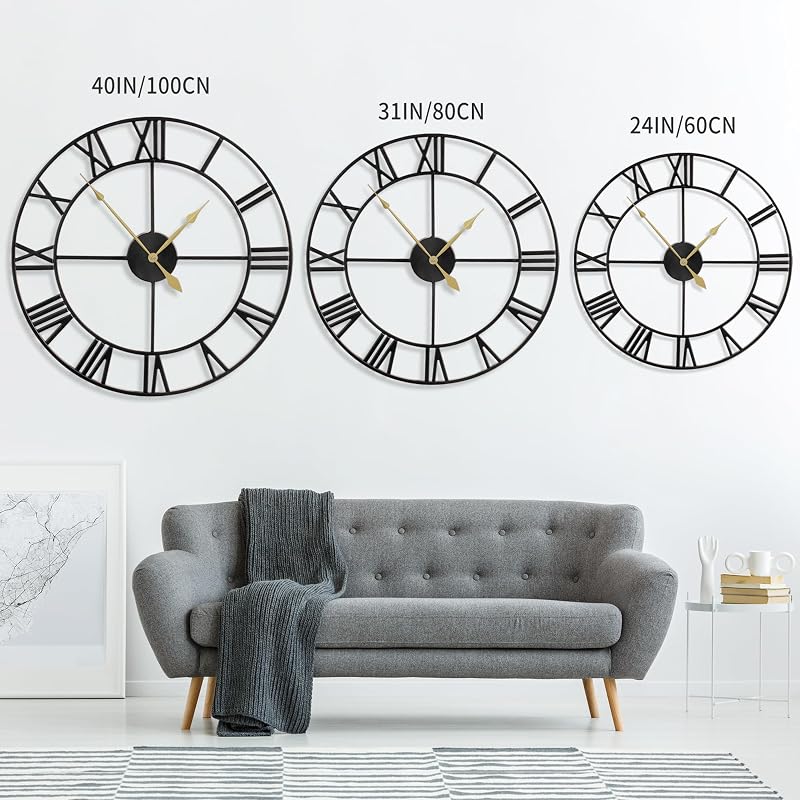 HAITANG 80 cm Nagyméretű Fekete Fali Óra - Modern Fém Kivitel, Római Számlappal, Csendes Járás, Nappali, Hálószoba, Konyha Dekorációhoz
