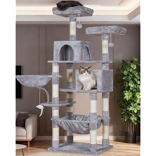 Heybly Cat Tree, 70 inches Tall Cat Tower Condo with Toy for Indoor Large Cats, Cat House Furniture with Padded Plush Perch, Cozy Hammock and Sisal Scratching Posts, Light Gray HCT032W