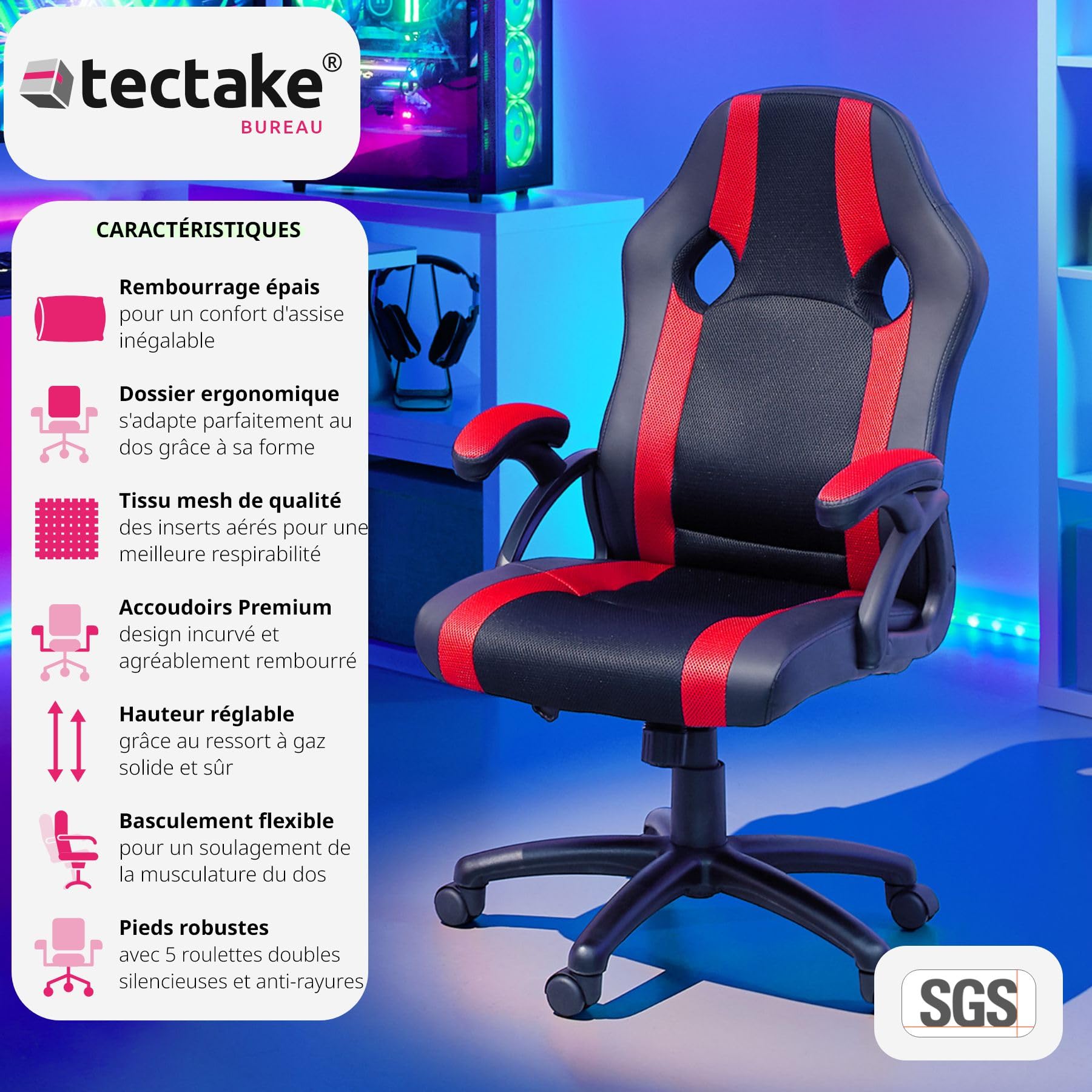 tectake Chaise de Bureau Fauteuil siège Racing Sport Tissu - diverses Couleurs au Choix - (Noir-Rouge | No. 403490)